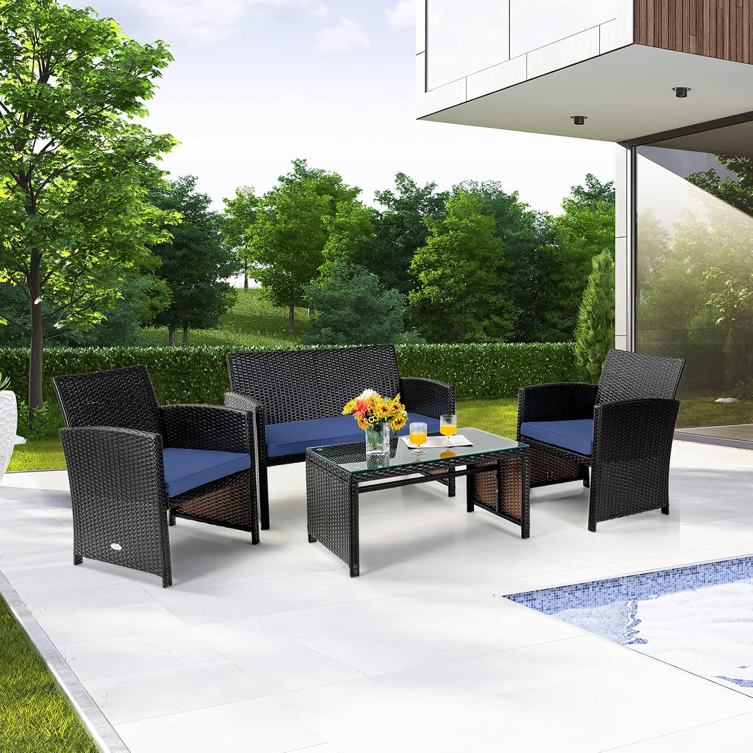 Tangkula 4 Pieces Rattan Furniture Set, Outdoor Conversation Set w/Chair & Loveseat & Tempered Glass Coffee Table, Suitable for Garden, Backyard, Poolside, Patio Furniture Set for 4 (1, Blue)
