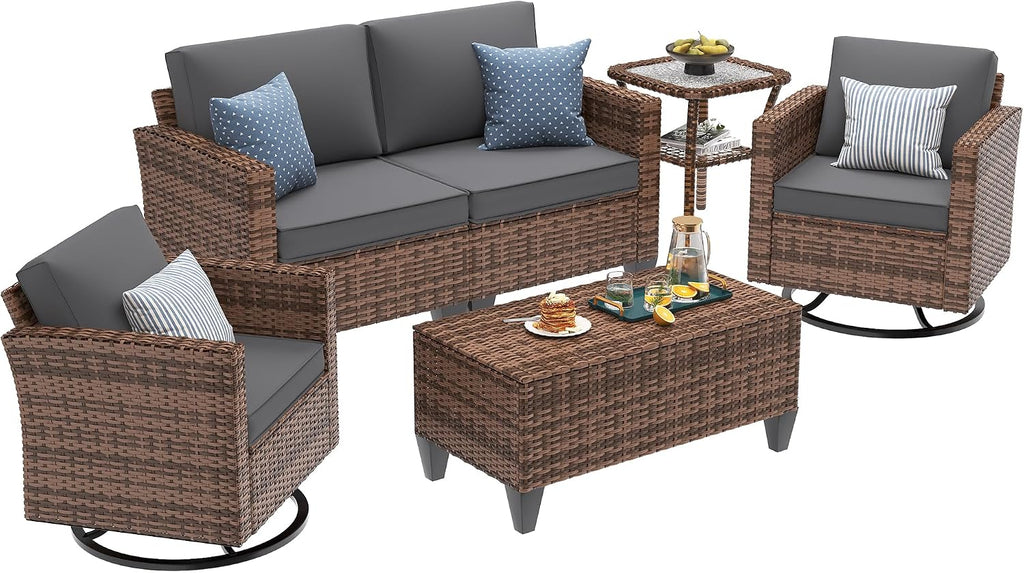 UDPATIO Patio Furniture Set, 5 Pieces Outdoor Furniture Sets with Rocking Swivel Chairs, Wicker Rattan Outdoor Conversation Set with Storage Table and Waterproof Covers for Backyard, Deck, Porch, Grey