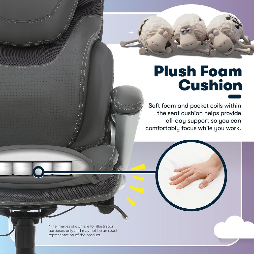 Serta Bryce Executive Office Chair - Ergonomic Computer Desk Chair with Patented AIR Lumbar Technology - Adjustable Height - Memory Foam Body Pillows - 360° Swivel Rolling Base - Bonded Leather - Gray