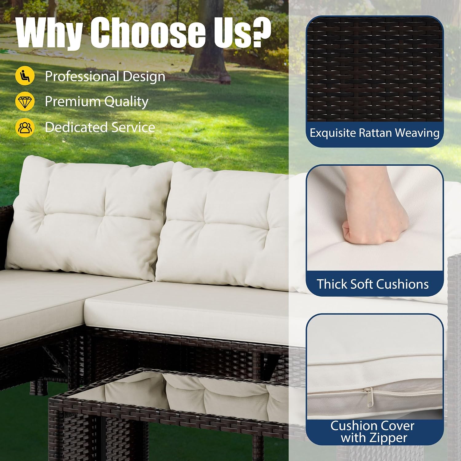 Vongrasig 3 Piece Patio Furniture Sets, All-Weather PE Wicker Outdoor Sofa Couch Sectional Set, Small Conversation Set for Garden/Patio w/Cushion, Glass Table, (Beige)