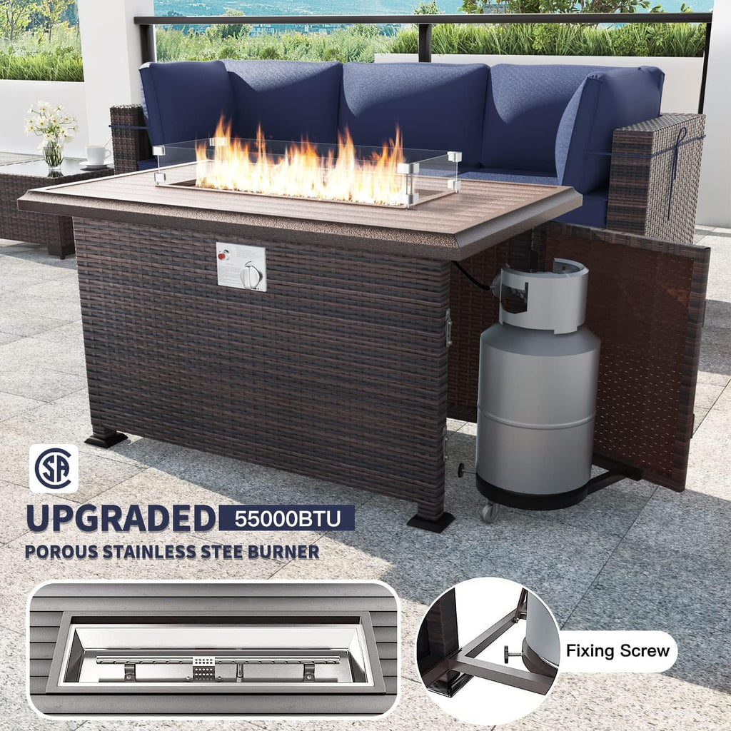 Kullavik 8 Pieces Outdoor Patio Furniture Set,Sectional Sofa Set with 43' 55000 BTU Gas Propane Fire Pit Table,Brown PE Rattan Wicker Patio Conversation Set,Navy Blue