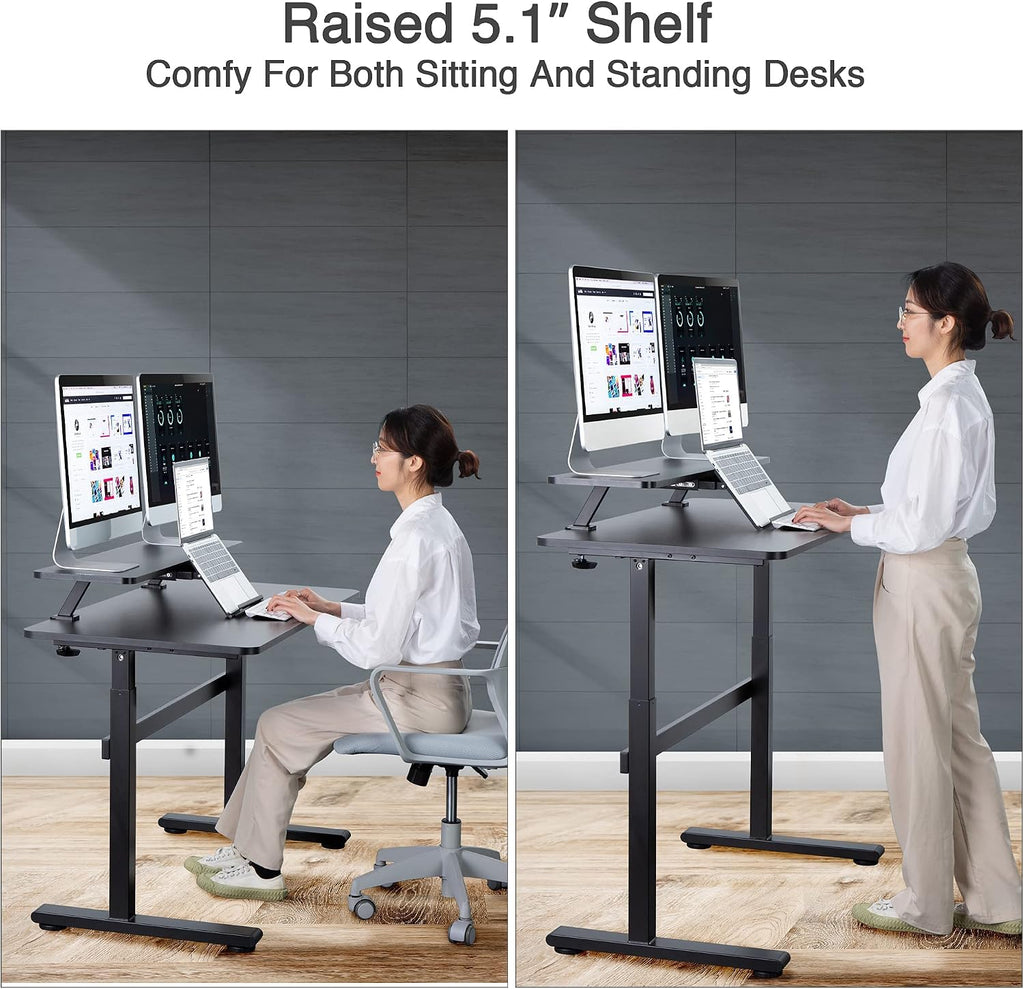 AVLT Clamp Desk Shelf Dual 32' Monitor Clamp-On Monitor Riser With Slide Out Holder For Convertible Laptop Tablet Smartphone (Black) - Floating Monitor Stand (Shelf Only)