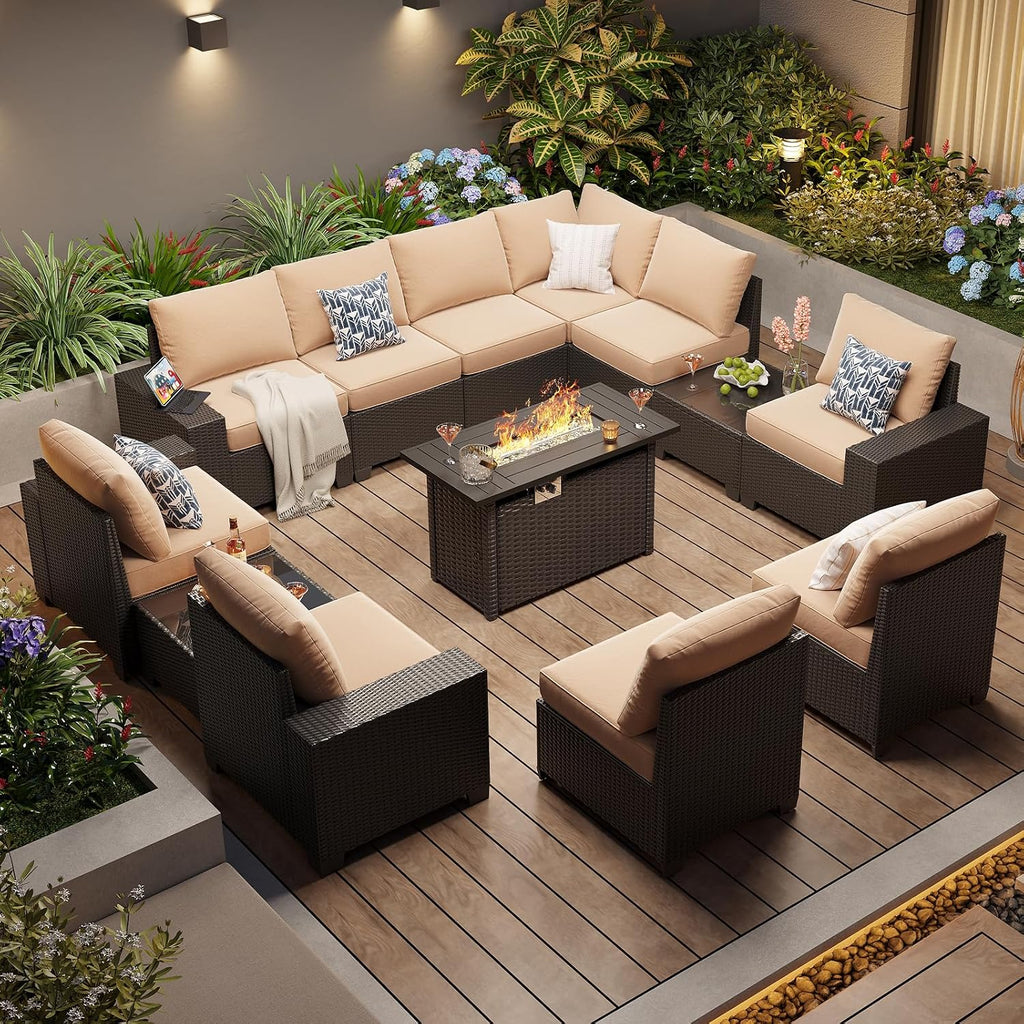 Aoxun Patio Furniture Sets with 44'' Fire Pit, 13 Pcs Outdoor Patio Coversation Set with 4in Thicken Cushion, Widen Armrests Wicker Outdoor Sectional for Backyard (Waterproof Cover Include)