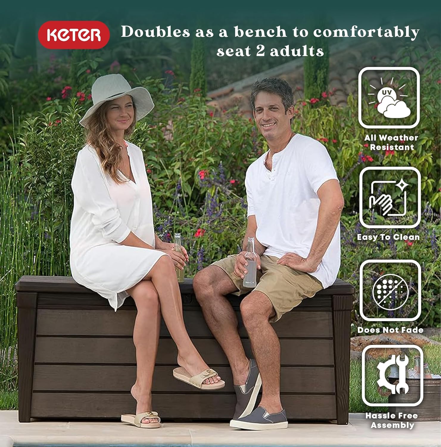 Keter Outdoor Storage Deck Box, for Patio, Backyard & Garden, Brushwood, 120 Gal, Brown - Lockable, Organizing, and Waterproof Plastic Container Bench