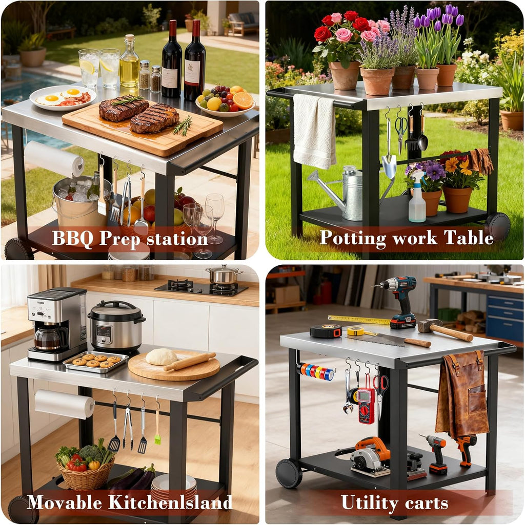 34' x 24' Movable Stainless Steel Flattop Grill Cart for Ninja Woodfire & Blackstone Griddles, Pizza Oven Table for Outside, Extra-Wide Stainless Steel Cart with Wheels for Kitchen Food Prep Table