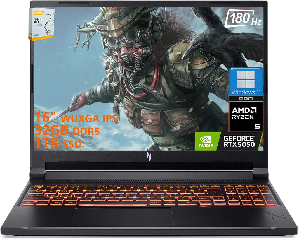 acer Nitro V 16 AI Gaming Laptop | 16' WUXGA IPS 180Hz | AMD 6-Core Ryzen 5 240 | 32GB DDR5 1TB SSD | GeForce RTX 5050 8GB DLSS4 (Up to 440 AI Tops) | Backlit Keyboard Win11 Pro w/DLCA Accessory