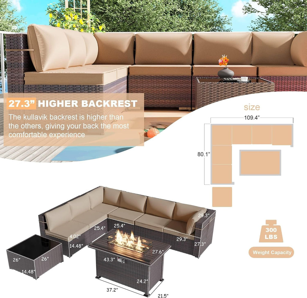 Kullavik 8 Pieces Outdoor Patio Furniture Set,Sectional Sofa Set with 43' 55000 BTU Gas Propane Fire Pit Table,Brown PE Rattan Wicker Patio Conversation Set,Sand
