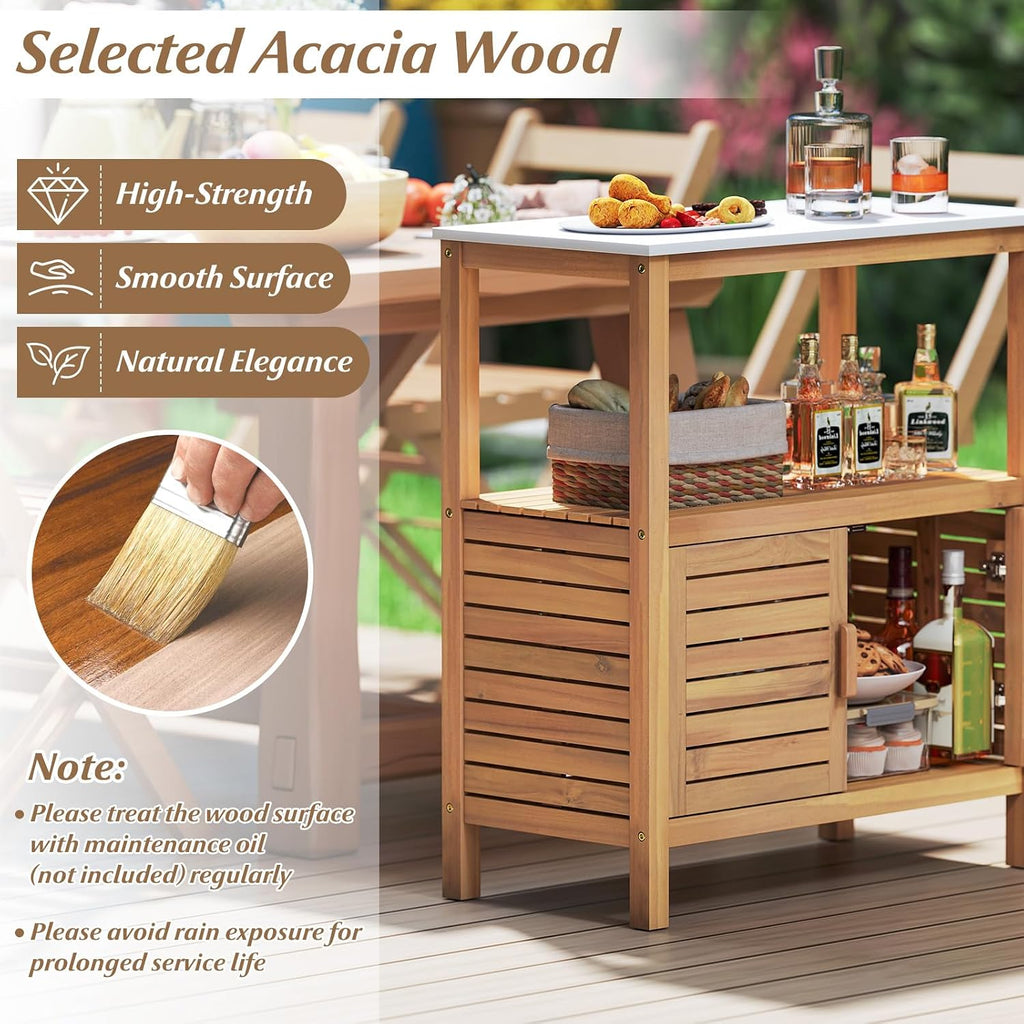 Goplus Patio Wood Storage Cabinet, Outdoor Acacia Wood Buffet Cabinet with Marble-Like Countertop, Open Shelf & 2 Doors, Sideboard Organizer for Outdoor Kitchen, Backyard, Garden