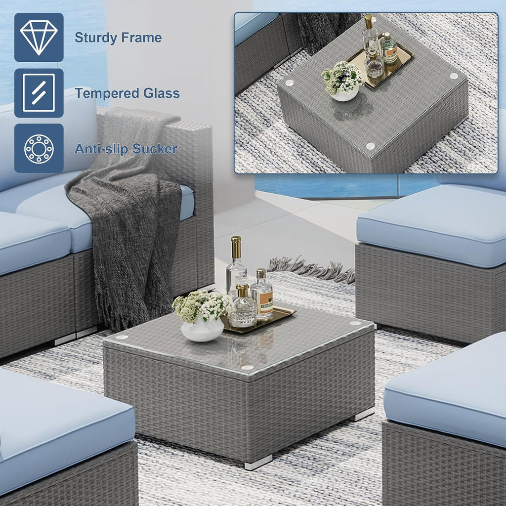 SUNCROWN Outdoor Patio Furniture Set 7 Piece Outdoor Sectional Sofa Grey Wicker Conversation Sofa Set with Coffee Table and Cushions (Light Blue)