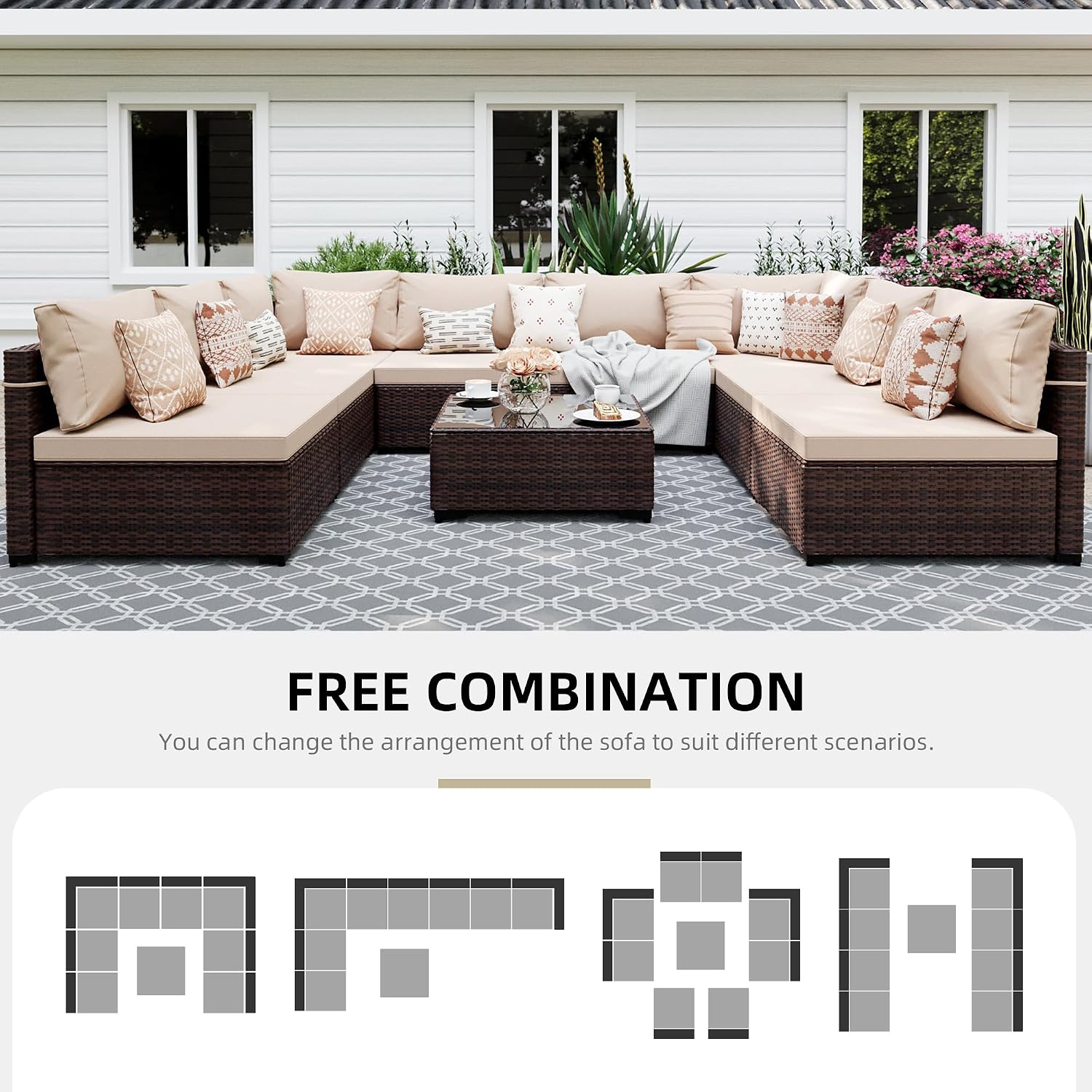UPHA 9 Pieces Patio Furniture Sets, Wicker Outdoor Sectional Sofa Couch with Coffee Table, Patio Conversation Set for Deck Backyard Garden, Brown Rattan, Beige Cushion