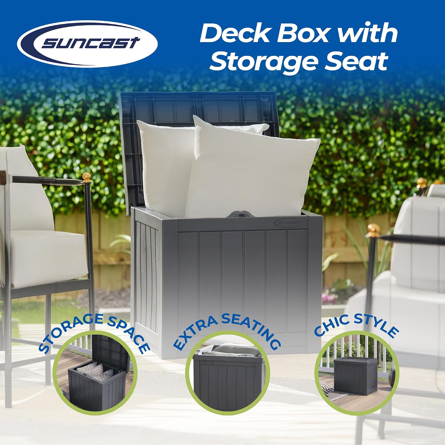 Suncast 2 Pack Small Deck Box Storage w/Bench Seat for Indoor & Outdoor Use, 22 Gal., Cyberspace