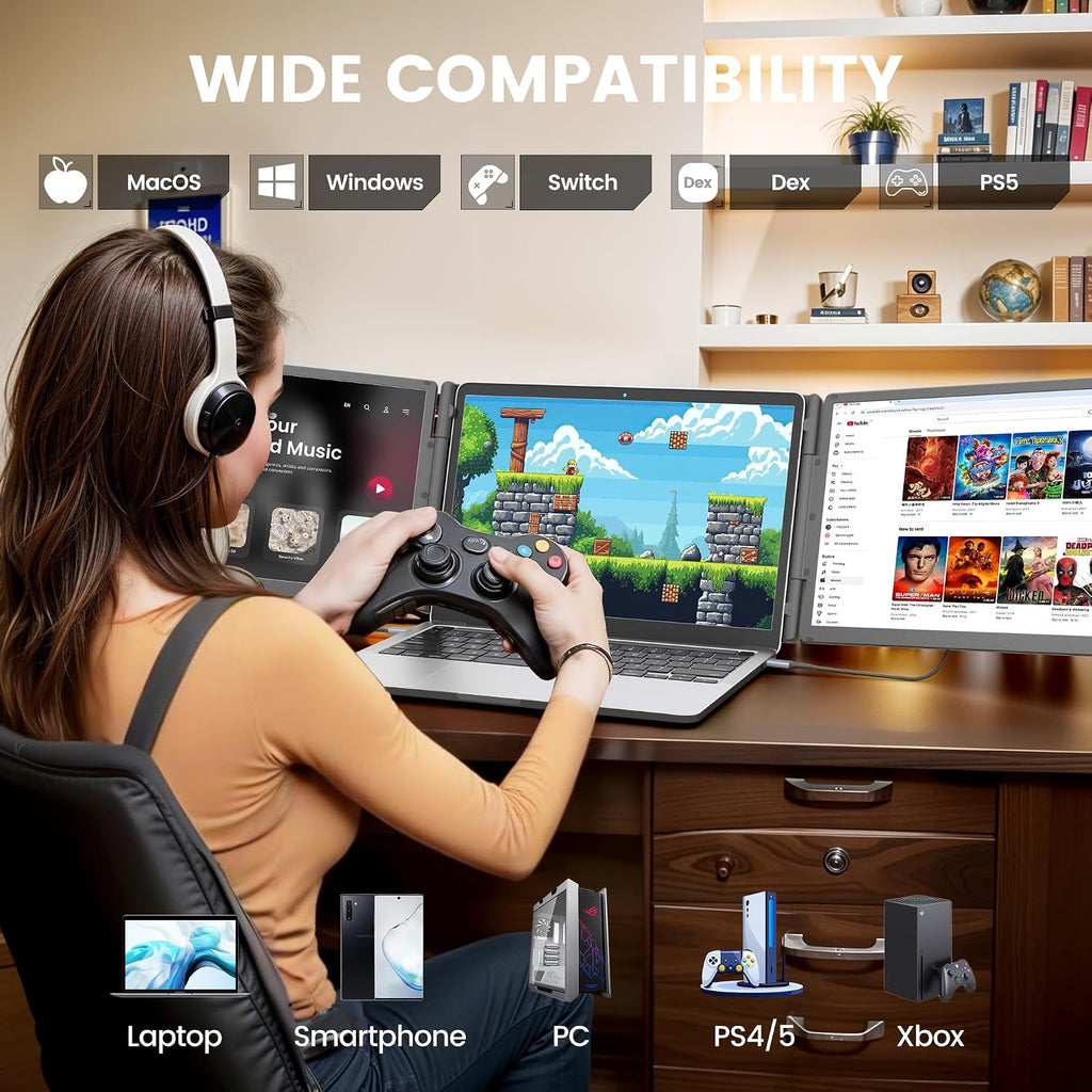 KEFEYA 15.6' Laptop Screen Extender, Includes Power Bank, FHD 1080P IPS Triple Laptop Monitor Extender for 13-17' Laptops, Plug & Play with HDMI/USB-A/TYPE-C/Hub, Compatible with Windows, Mac, Android