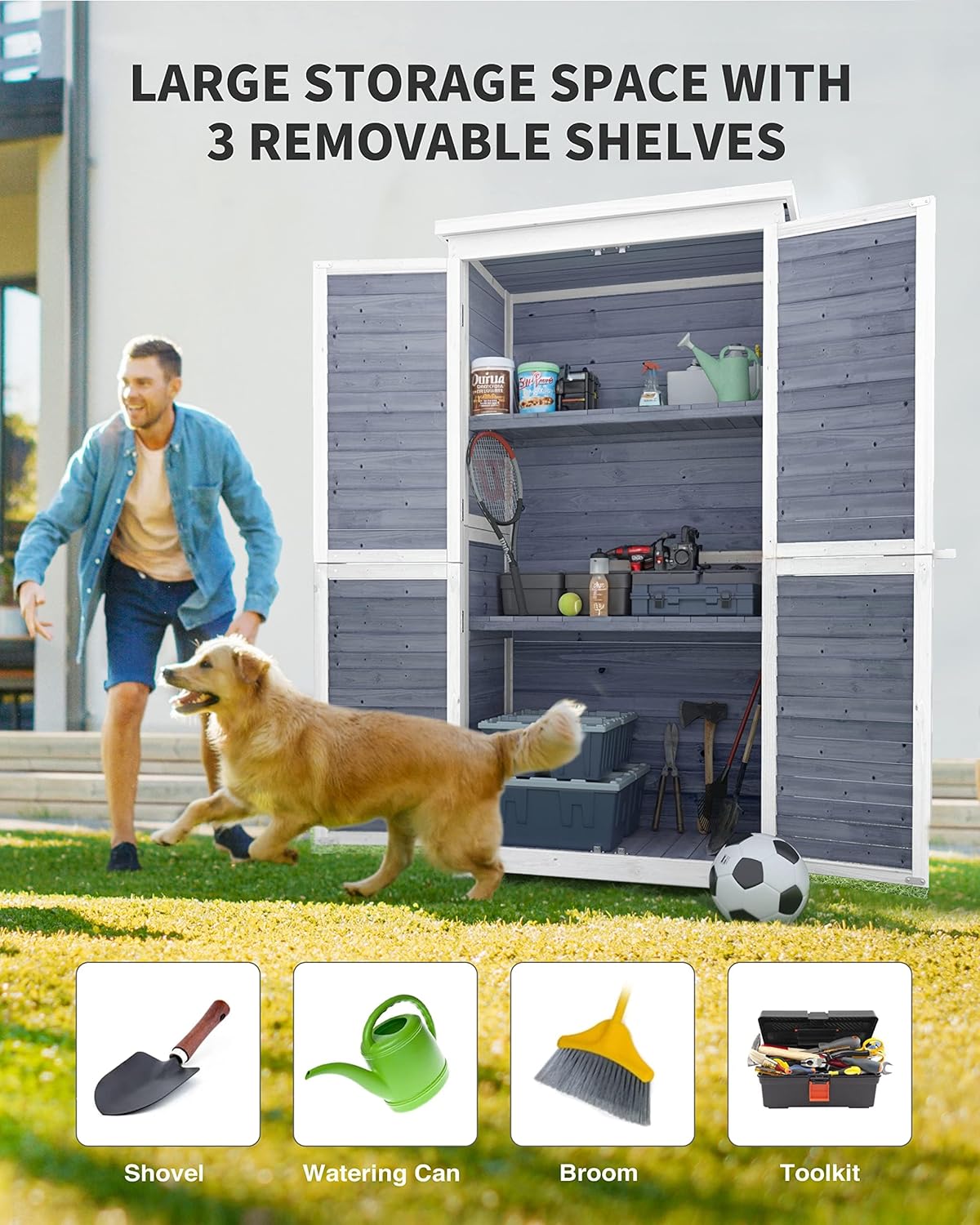 Gizoon Outdoor Storage Cabinet with 3 Shelves, Double Lockable Wooden Garden Shed with Waterproof Roof, Outside Vertical Tall Tool Shed for Yard Patio Lawn Deck-Grey