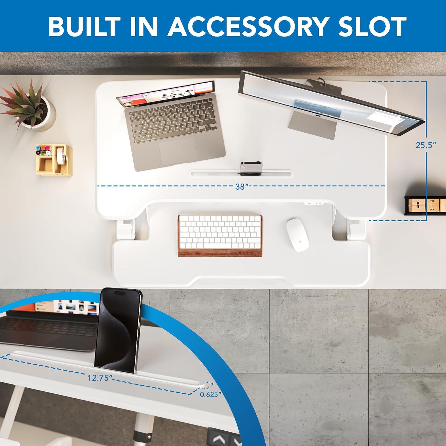 Mount-It! Electric Standing Desk Converter White 38 Inch Wide Tabletop, Stand up Desk Riser, Height Adjustable Sit Stand Desk, Fits Dual Monitors, Keyboard Tray, Device Slot, Monitor & Laptop