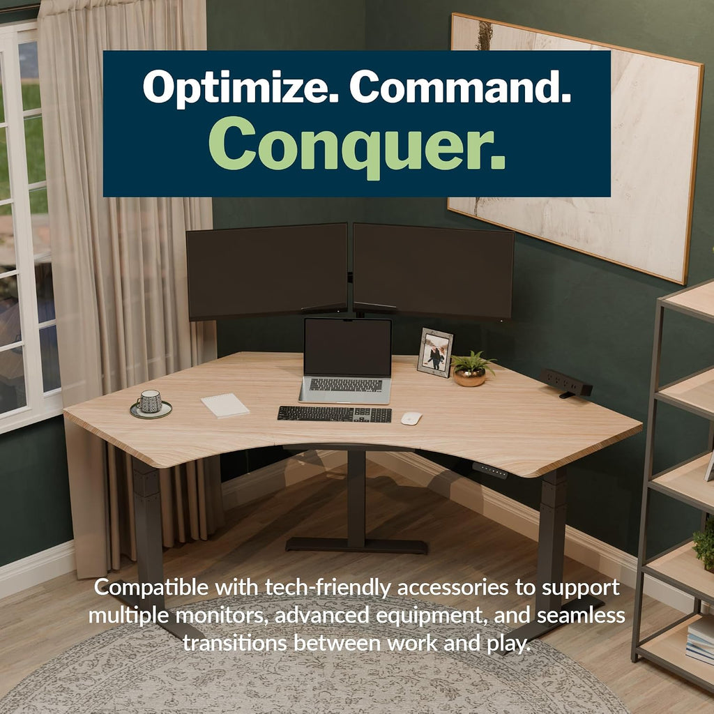 Vari Command Center Electric Standing Desk – 120° Curved Sit-Stand Gaming Desk Corner Workstation for Triple Monitors + Sloped Front Edge, 4 Height Settings, 200 lb Capacity (Light Wood/Slate)