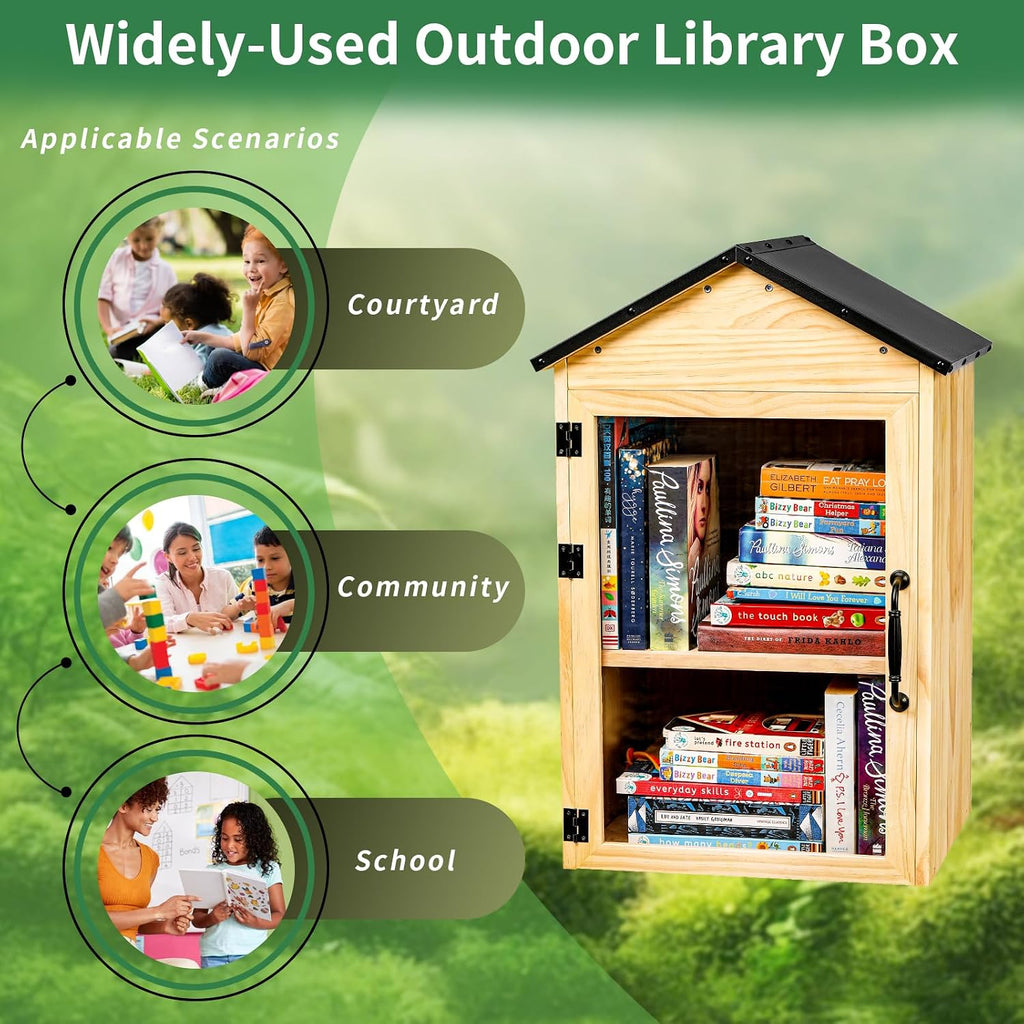 Little Library Box Outdoor, 2-Tier Waterproof Book Exchange Cabinet – Solid Wood with Adjustable Shelves, Rust-Resistant Hardware for Community, Schools and Neighborhoods to Promote Reading & Sharing