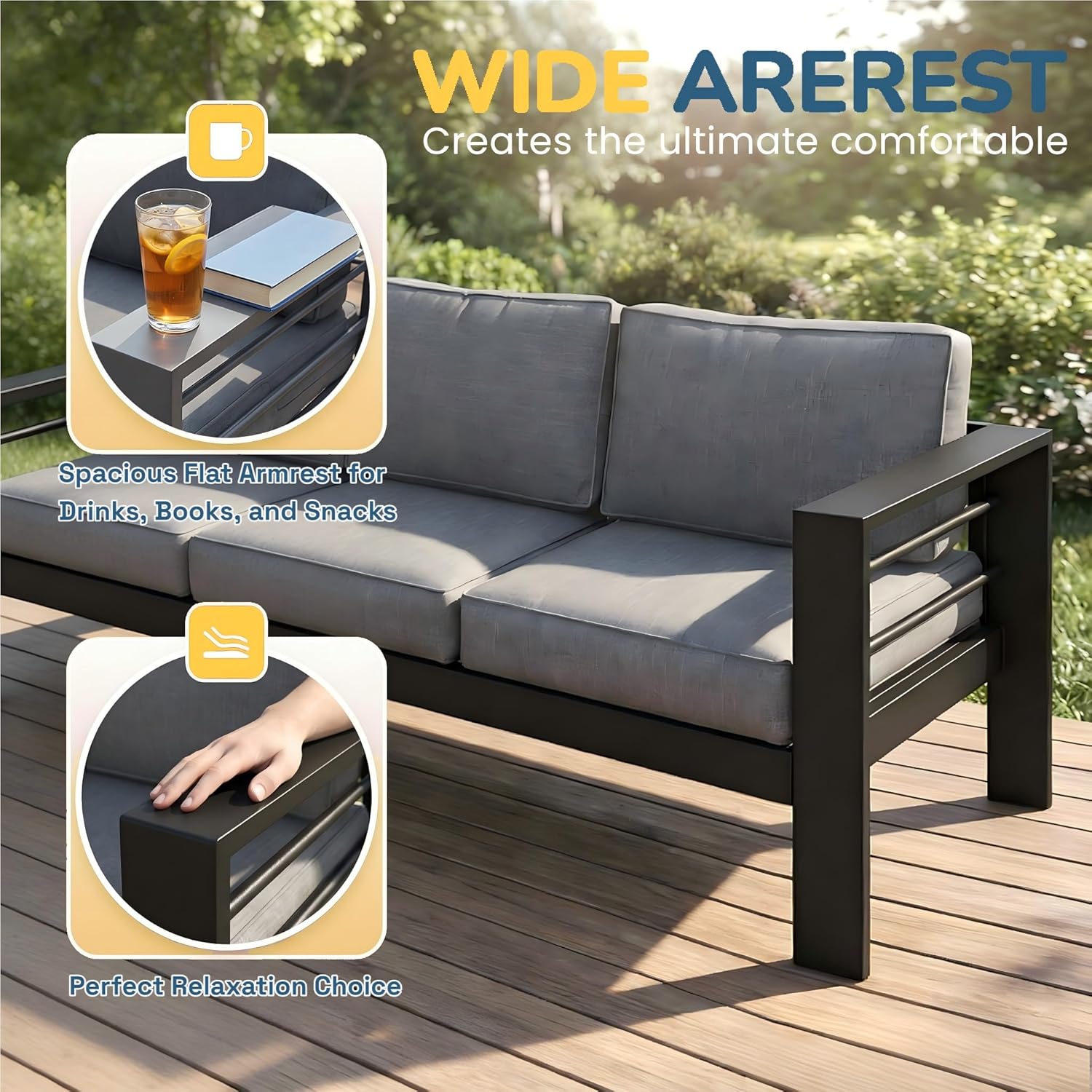 Wisteria Lane Aluminum Outdoor Patio Furniture Set, Modern Patio Conversation Sets, Outdoor Sectional Metal Sofa with 5 Inch Cushion and Coffee Table for Balcony, Garden, Black Frame & Gray Cushion