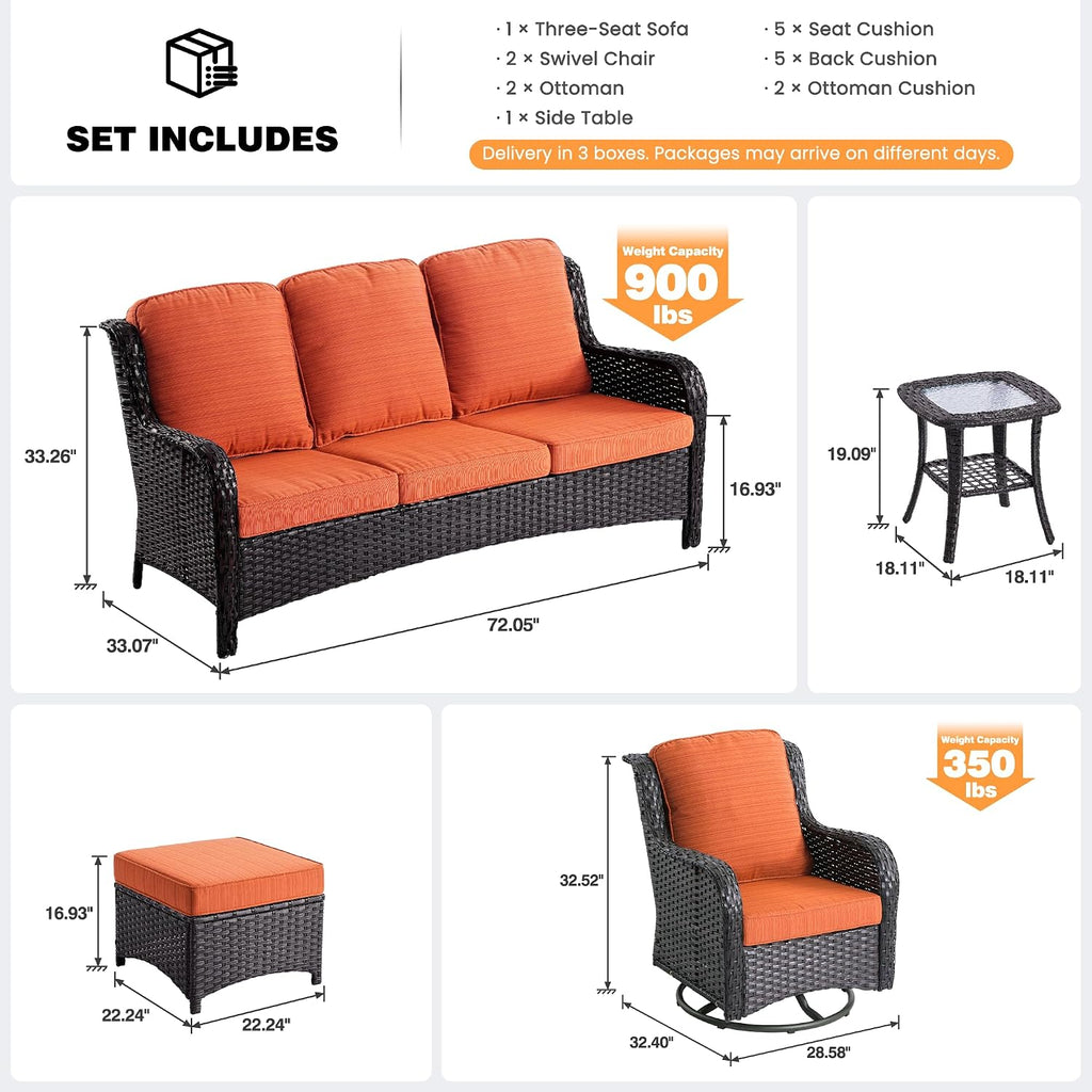 ovios 6-Piece Patio Furniture Set with Swivel Chairs Side Table, Outdoor Wicker Sofa with Comfy Cushions, High Back Couch Modern Conversation Sets, Brown/Orange Red