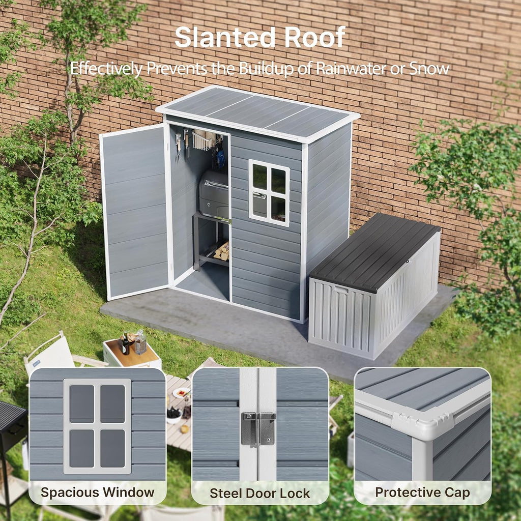 Gizoon 5x3 FT Outdoor Storage Shed with Lockable Door, Resin Weatherproof Plastic Garden Shed with Floor & Ventilation, Backyard Shed for Patio, Lawn Tools, Bike, and Toys