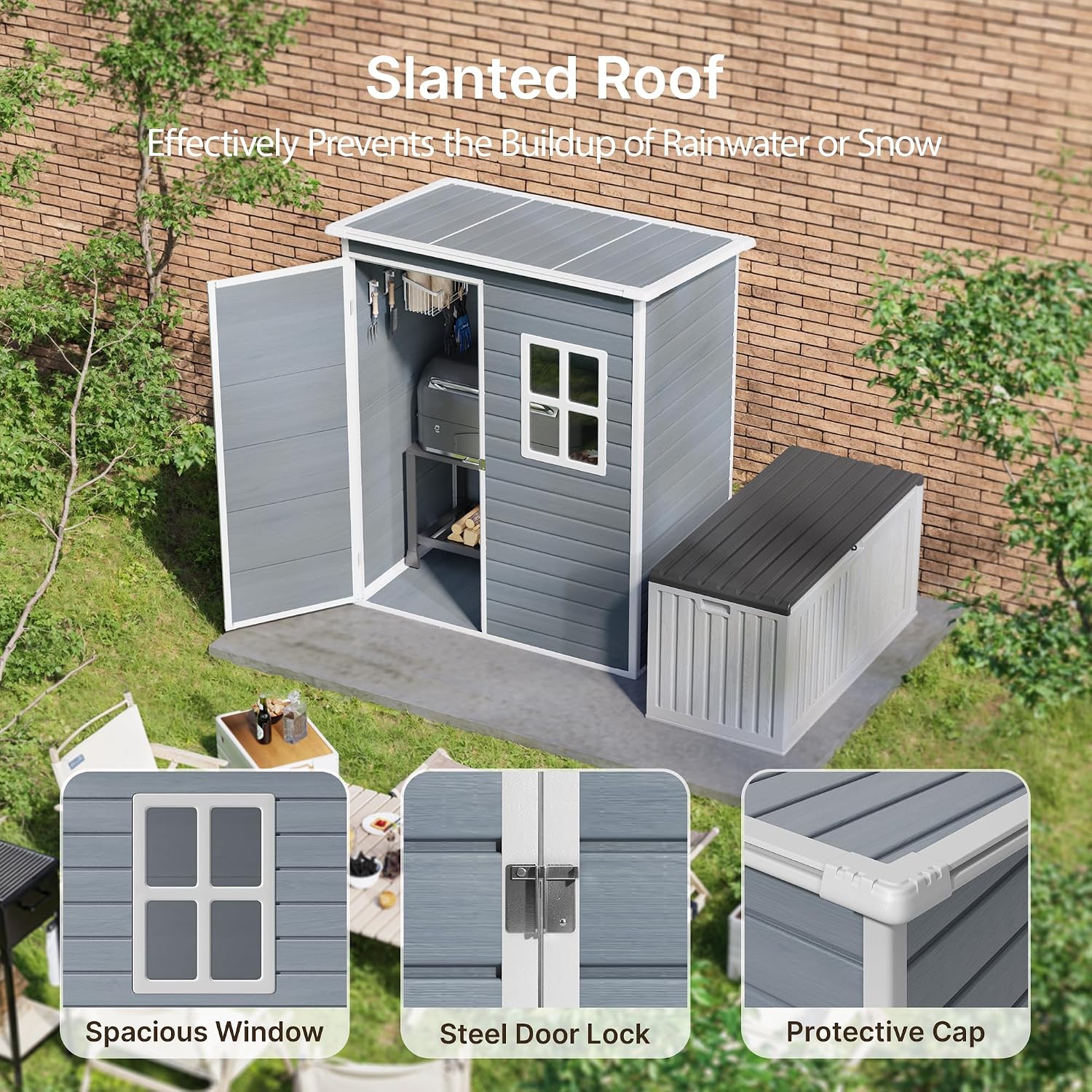 Gizoon 5x3 FT Outdoor Storage Shed with Lockable Door, Resin Weatherproof Plastic Garden Shed with Floor & Ventilation, Backyard Shed for Patio, Lawn Tools, Bike, and Toys