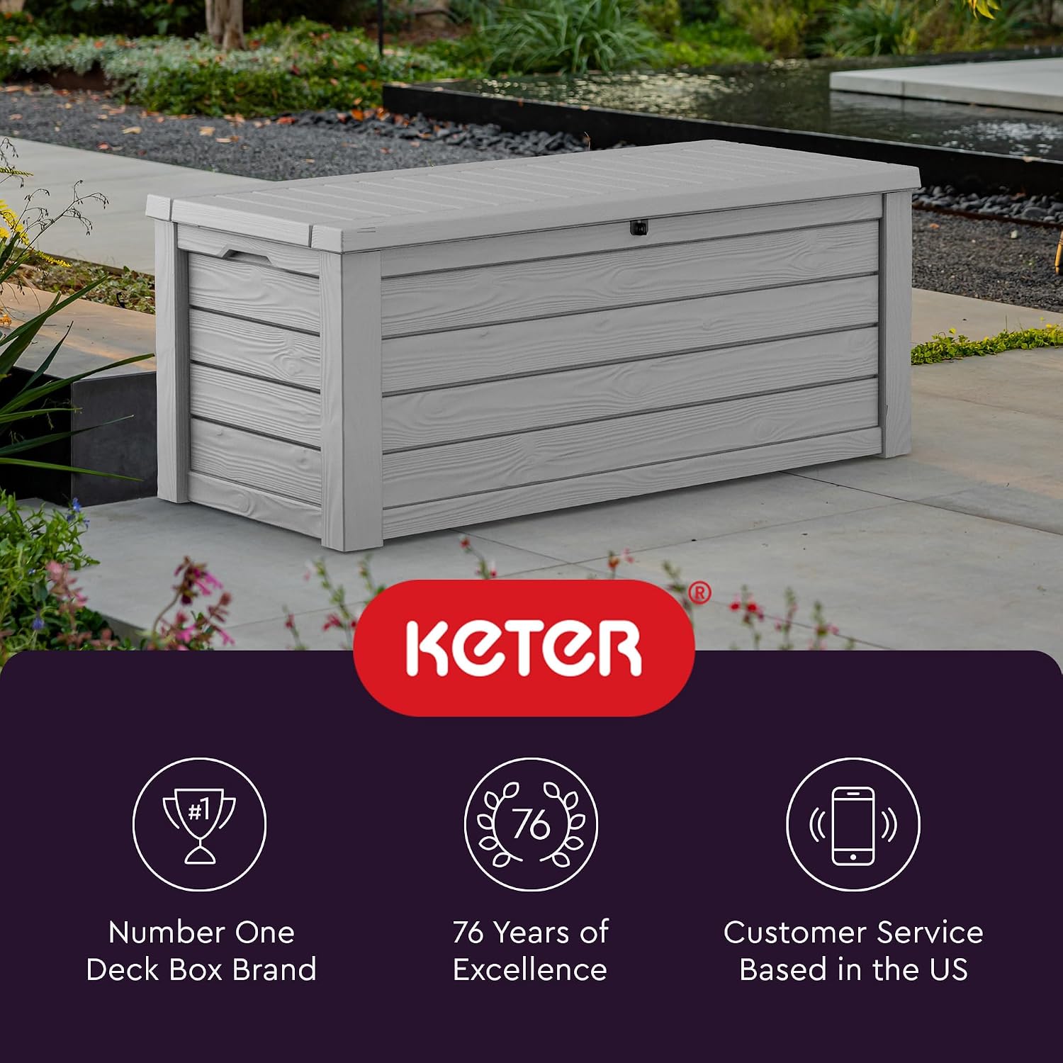 Keter Westwood 150 Gallon Resin Large Outdoor Storage Box for Patio Furniture, Outdoor Cushions, Garden Tools and Pool Floats, Light Grey