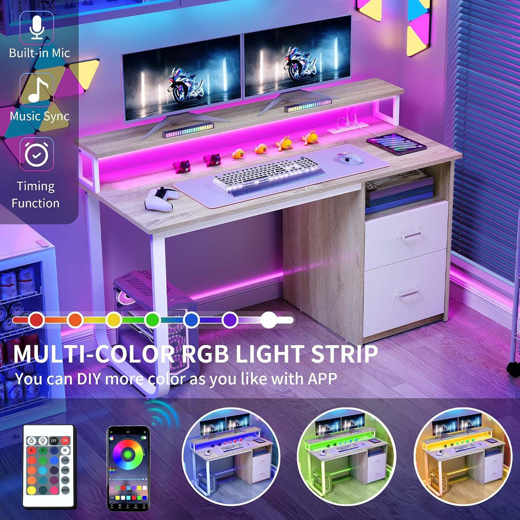DWVO Computer Desk with Drawers, 55' Office Desk with Power Outlets & LED Light, Home Office Desk with Storage Shelves, White & Oak