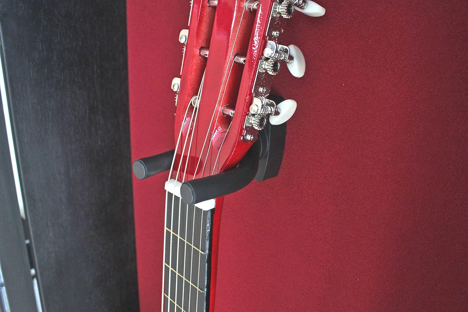 DisplayGifts 42' Electric Guitar Display Case Cabinet Shadow Box with Guitar Hanger Stand, Lockable UV Protection Red Felt Interior with Mahogany Finish Frame