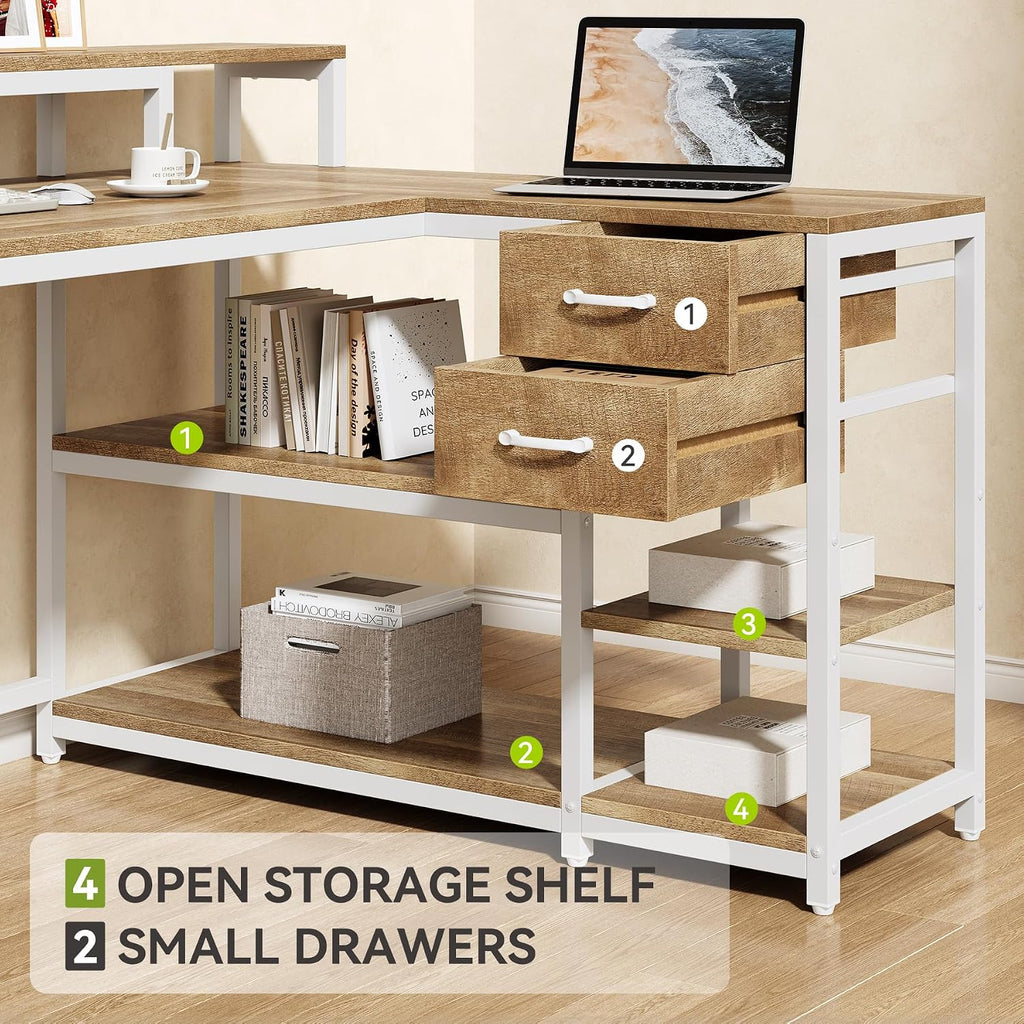 LITTLE TREE 55-Inch L-Shaped Computer Desk, Reversible Computer Desk with Drawers and Storage Shelves, Corner Desk Gaming Desk Work Desk for Home Office, Walnut