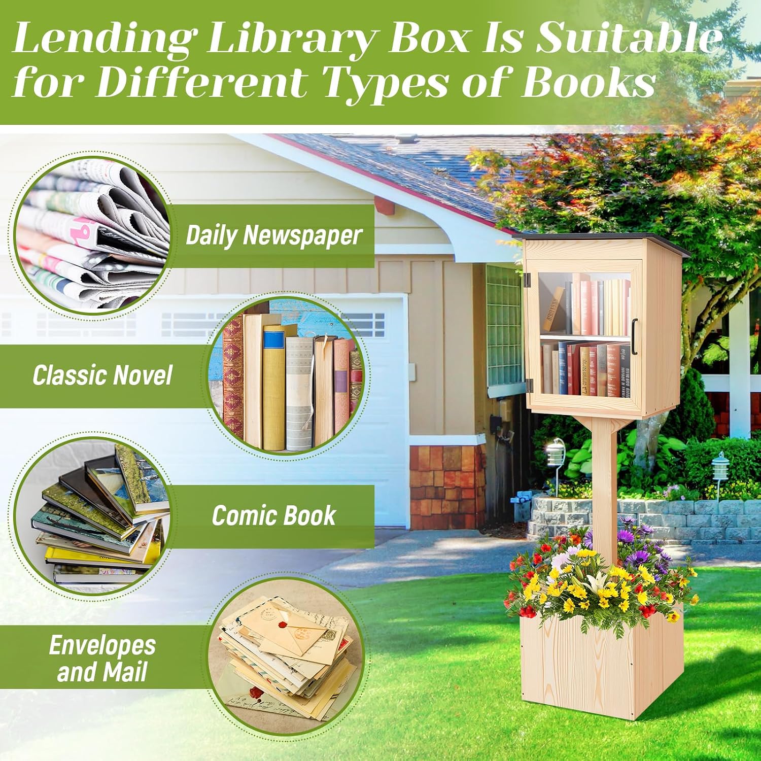 Wonderjune Wooden Little Library Box Outdoor, Weatherproof Double Solid Wood Book Exchange Box with Floor Plugs and Small Flower Fence for Neighborhoods, Community, Literature, School(Natural Wood)