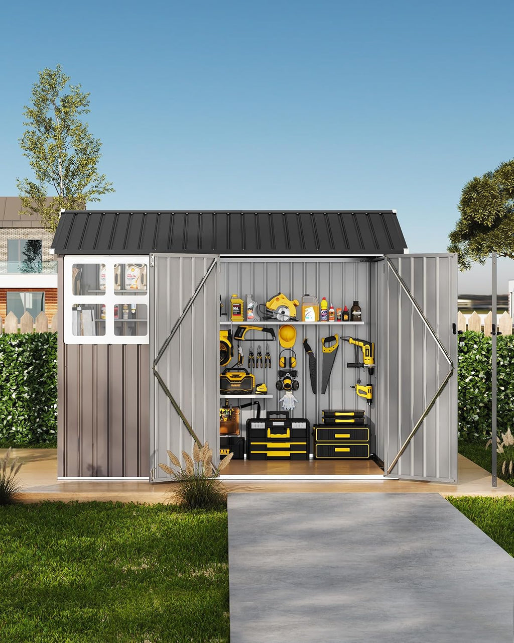 GarveeLife 6x8 ft Outdoor Storage Shed, Metal Garden Tool Shed with Updated Frame Structure, Lockable Doors and Windows, Ideal for Backyard Garden Patio Lawn, Brown