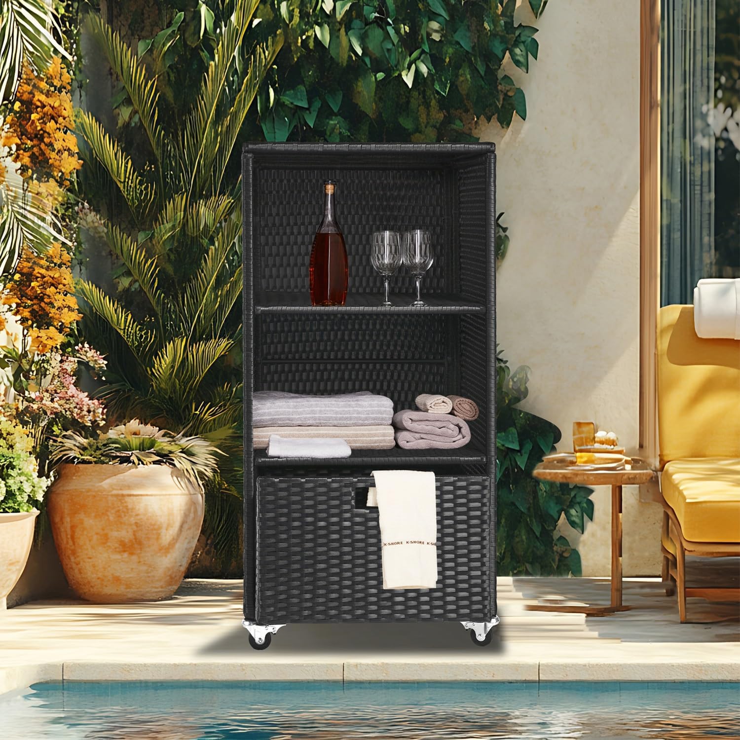 Outdoor Towel Rack for Pool Outdoor Pool Towel Storage Cabinet with Shelf & Drawer Pool Towel Holder with Rolling Wheels Hot Tub Towel Rack w/Waterproof Cover Poolside Towel Valet Caddy for Spa Black