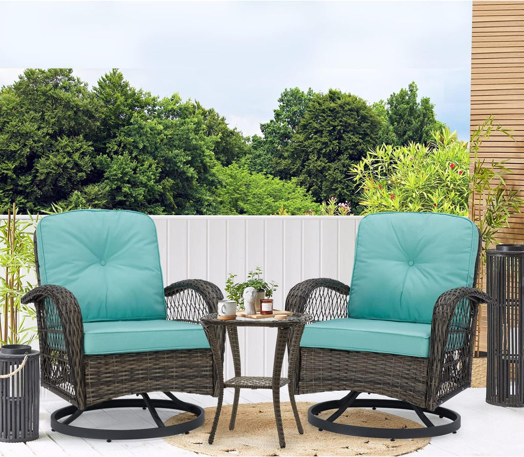 MELLCOM 3 Pieces Patio Furniture Set, Outdoor Swivel Rocker Patio Chairs, Wicker Patio Bistro Set with Rocking Chair, Thickened Cushions and Glass Coffee Table for Backyard, Garden, Peacock Blue