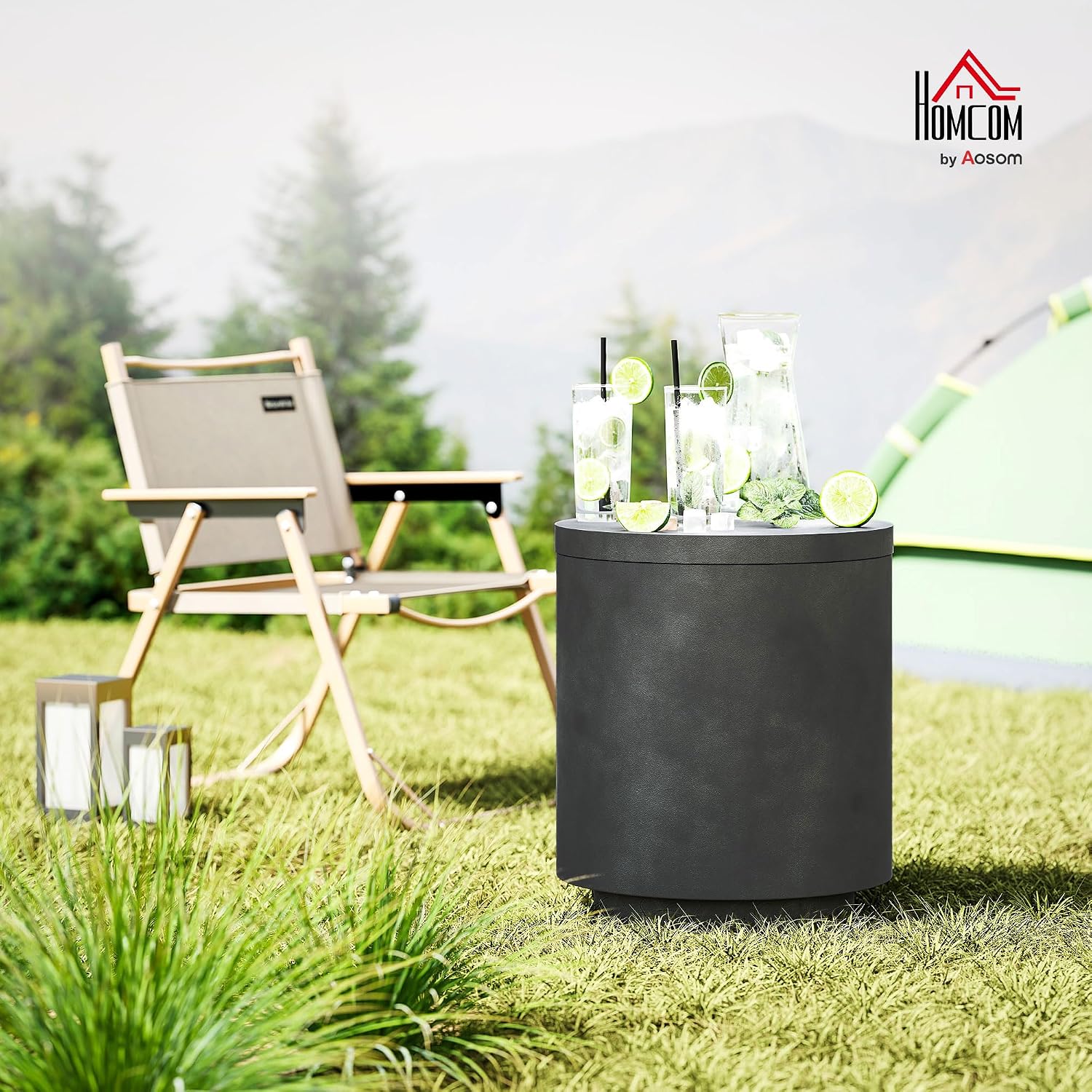 HOMCOM 2.6 Gal Outdoor Cooler Side Table, 3-in-1 Cool Coffee Table with Storage, Removable Ice Bucket and Lid, Concrete Small Patio Table for Party, Poolside, Deck, Charcoal Gray