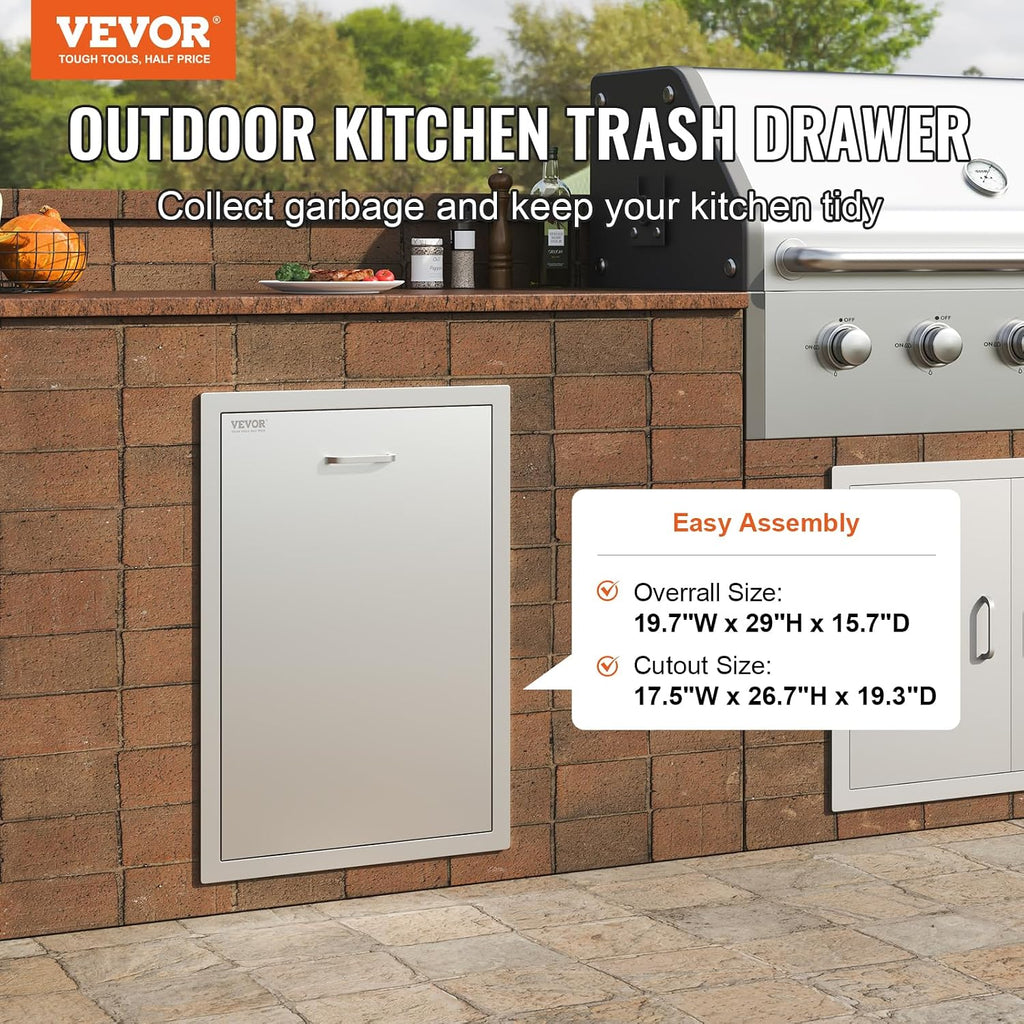 VEVOR Outdoor Kitchen Trash Drawer, 19.7'W x 29'H x 15.7'D Inch, Outdoor Kitchen Drawers Cabinets, Stainless Steel BBQ Island Drawers, Trash Pull Out Drawer, BBQ Trash Bin, Outdoor Grill Drawers