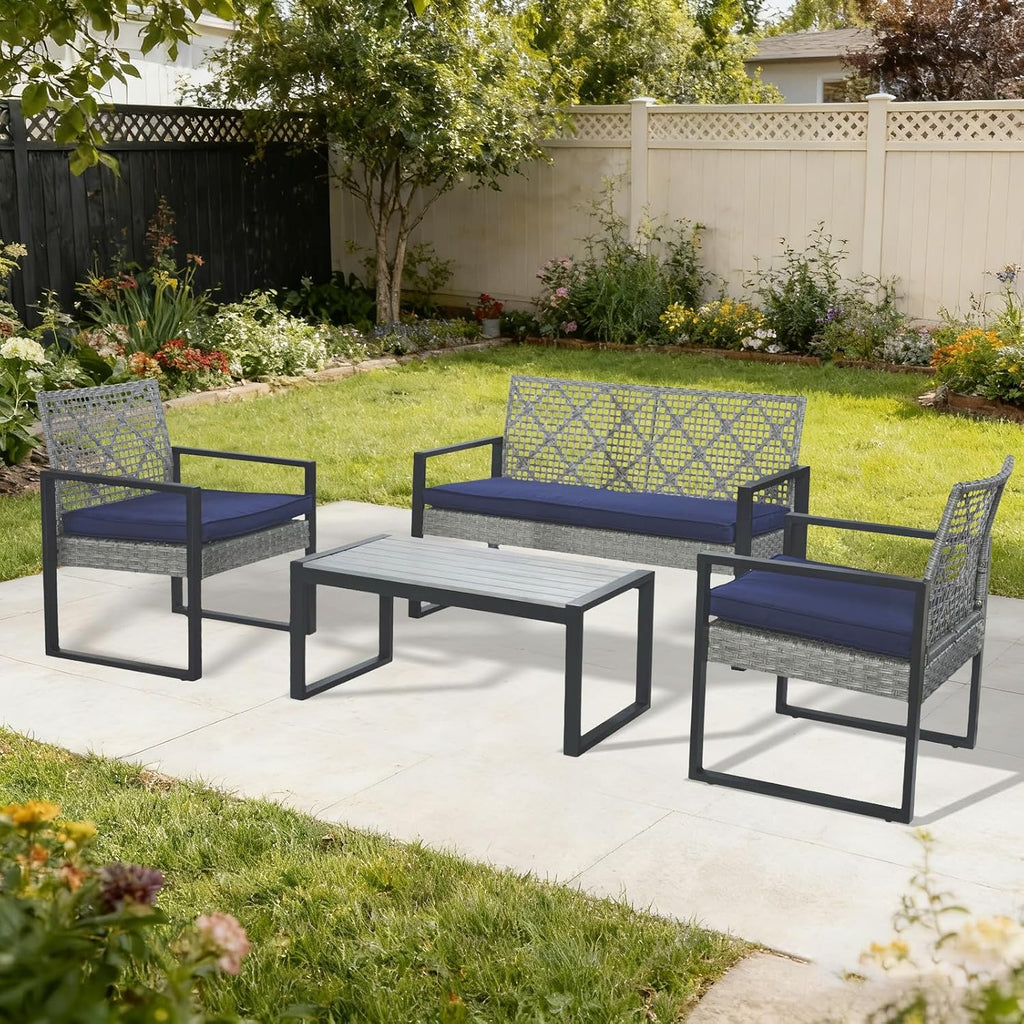 COOS BAY Haven Lounge 4 Piece Rattan Patio Furniture Set, Outdoor Wicker Patio Conversation Set for Balcony & Backyard, Light Gray/Blue