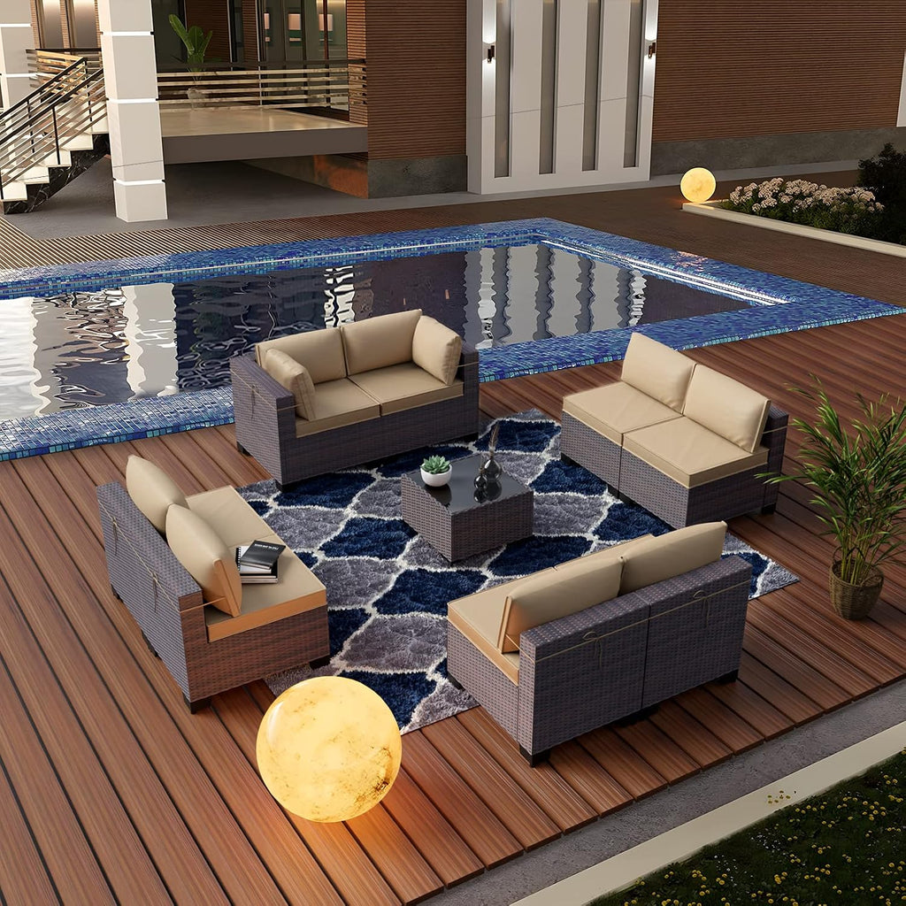 Kullavik 9 Pieces Outdoor Patio Furniture Set,Outdoor Sectional Rattan Sofa Set Brown PE Rattan Wicker Patio Conversation Set with Tempered Glass Coffee Table and Washable Cushions Covers,Sand