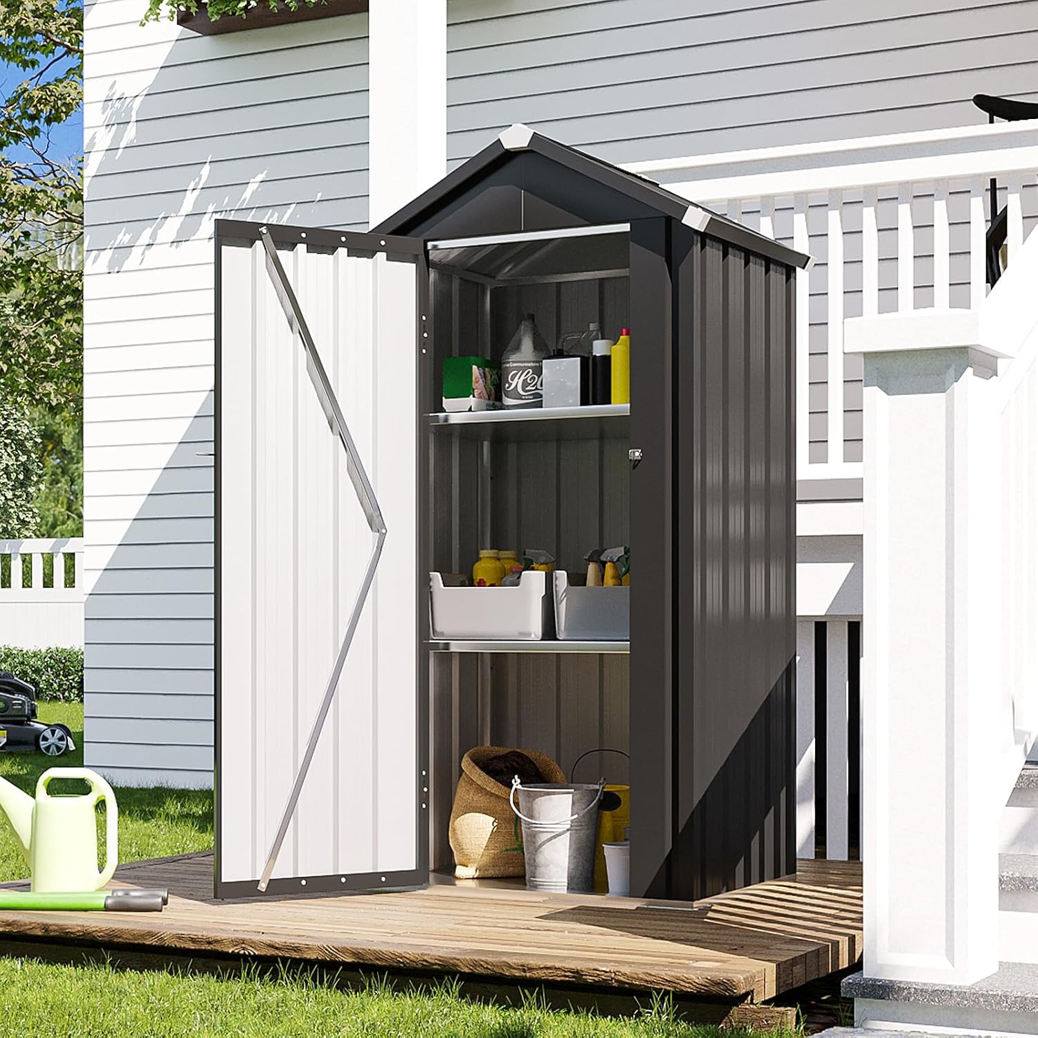 Aoxun Vertical Metal Tool Cabinet 2.5x2FT, 21 Cu.Ft Weatherproof Outdoor Storage Shed with Floor & Adjustable Shelves, Space-Saving Design for Garden, Garage, Patio