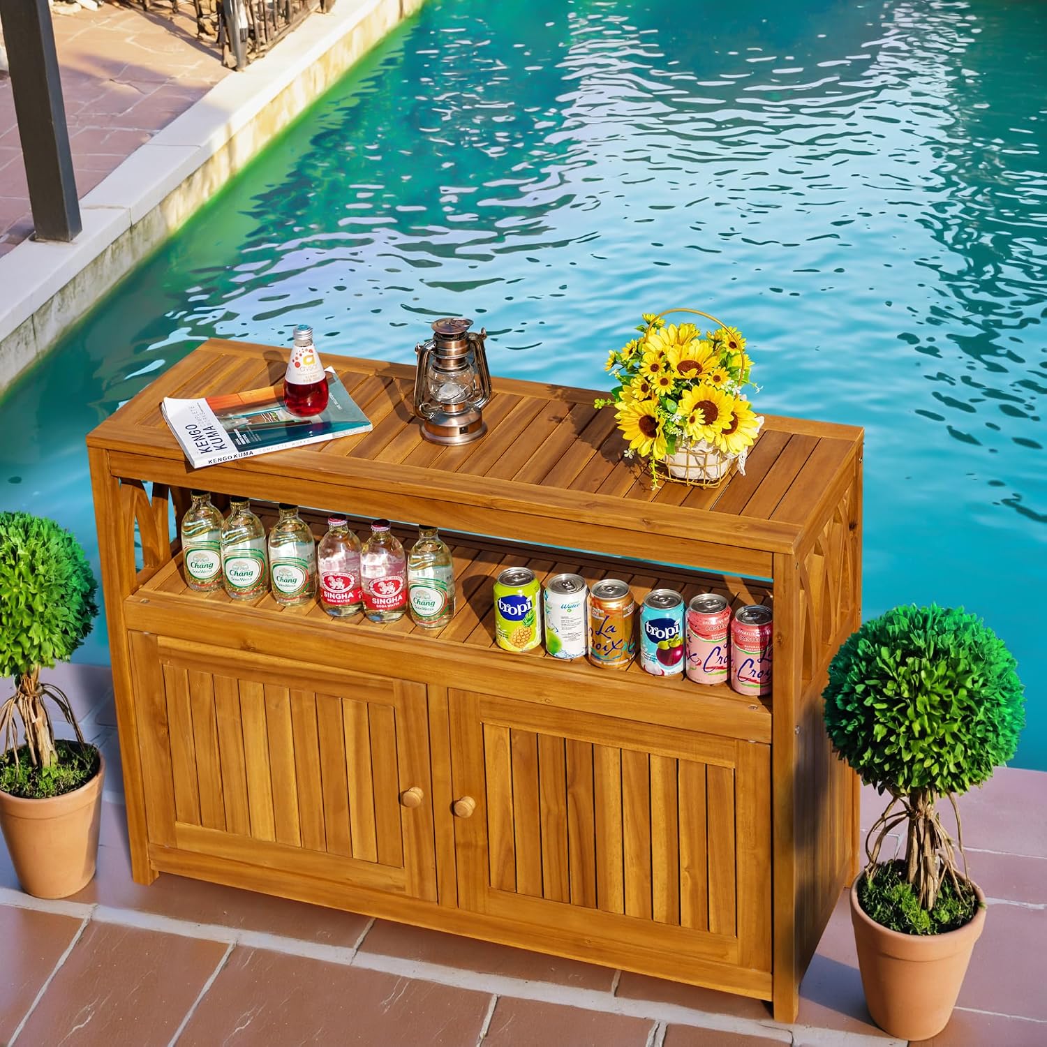 Greesum 2-Tier Outdoor Storage Cabinet in Acacia Wood, with 2 Magnetic Doors, for Garden, Picnic, Buffet, TV Stand, or Bar Table, Light Brown