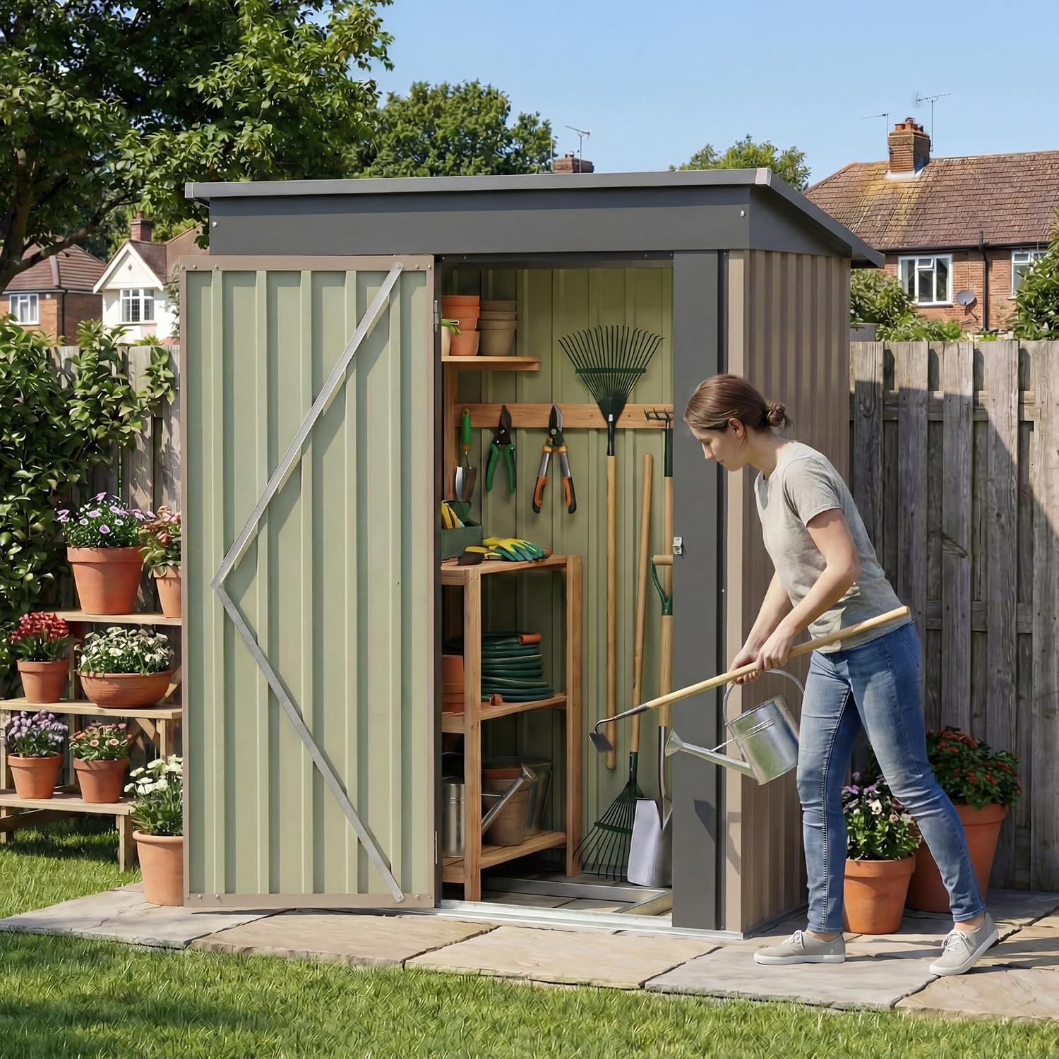 Devoko 5 x 3 FT Storage Sheds with Floor Frame, Waterproof Garden Tool Shed with Lockable Door, Outdoor Metal Small Shed for Backyard Patio Lawn, Brown