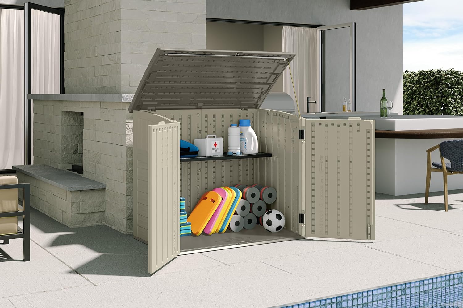Suncast 4 Pack 34 Cu Ft Capacity Horizontal Outdoor Storage Shed for Garbage Cans, Garden Accessories, Backyard, and Patio Use, Vanilla