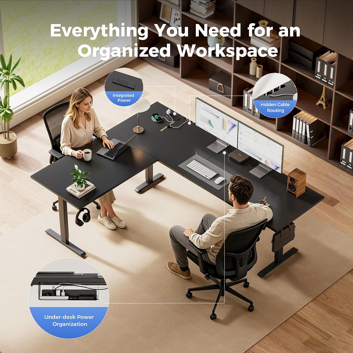 Agilestic Electric L Shaped Standing Desk 75 x 61 Inch with Power Outlet, Height Adjustable Corner Stand up Desk with Cable Management,Sit Stand Home Office Workstation with Splice Board, Black