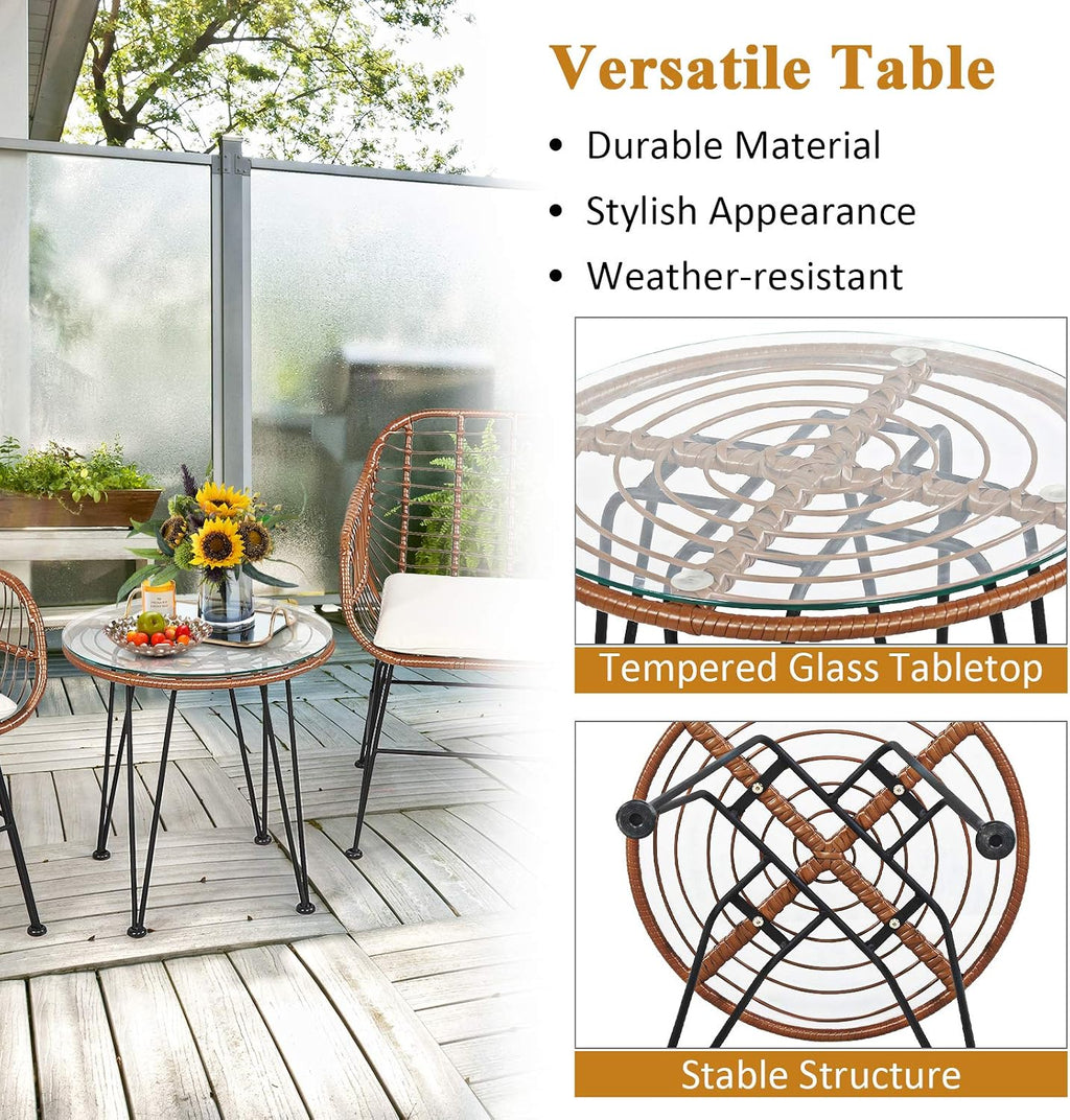 COSTWAY 3 Pieces Patio Bistro Set, Outdoor Rattan Conversation Seating Chair Set with Coffee Table & Soft Cushions, Indoor Wicker Furniture Set for Garden, Balcony, Porch, Pool,Beige