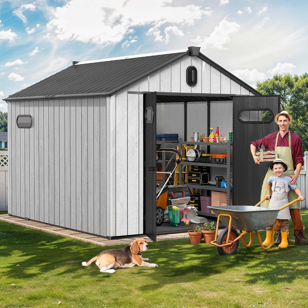 DWVO 8x10 FT Outdoor Storage Shed, 544 cuft Large Plastic Storage Shed with Floor & Lockable Door, Outside Tool Garden Shed with Windows & Vents for Patio Furniture/Lawn Mower, Black&Gray