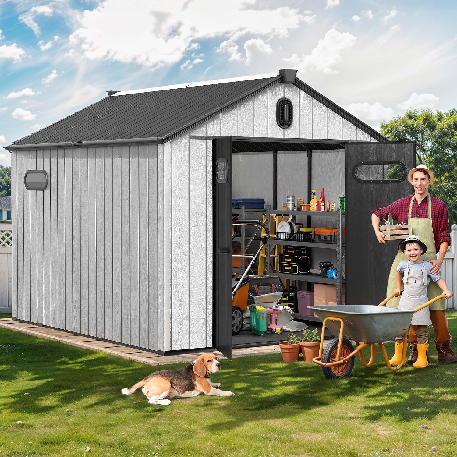 DWVO 8x10 FT Outdoor Storage Shed, 544 cuft Large Plastic Storage Shed with Floor & Lockable Door, Outside Tool Garden Shed with Windows & Vents for Patio Furniture/Lawn Mower, Black&Gray