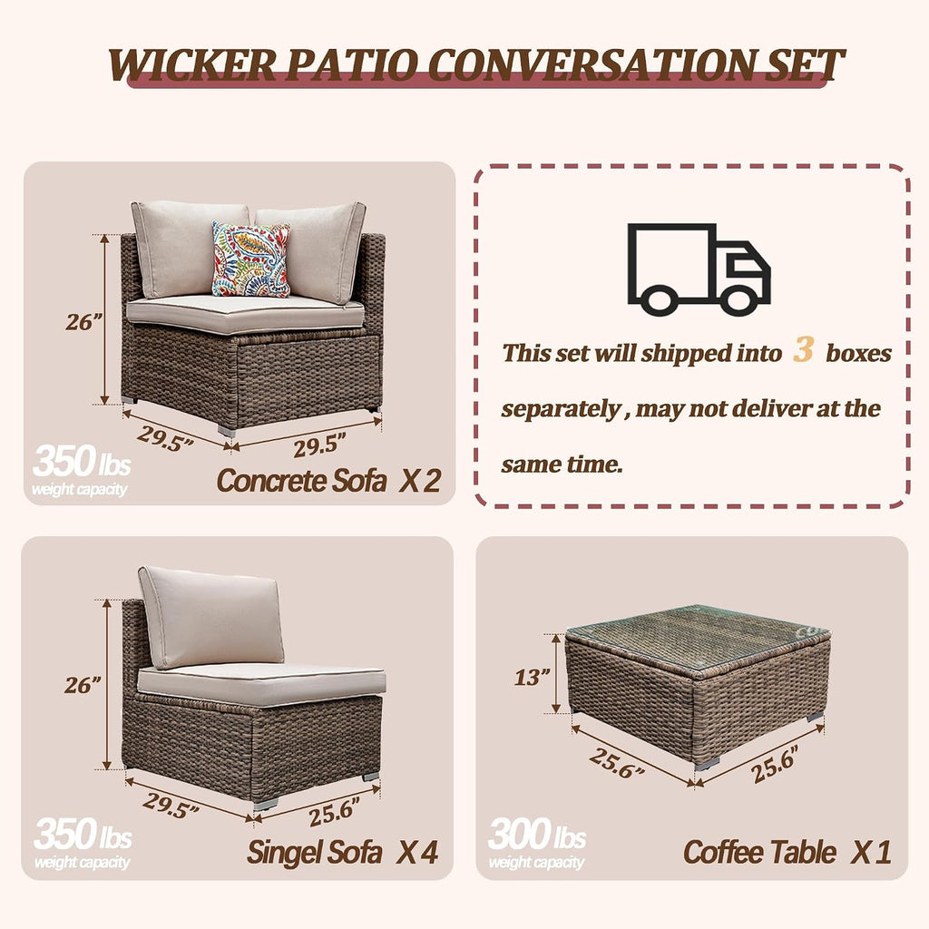 7-Piece Outdoor Patio Furniture Set, All-Weather PE Rattan Sectional Sofa Conversation Set with Glass Coffee Table, Brown Wicker Furniture for Backyard, Spring