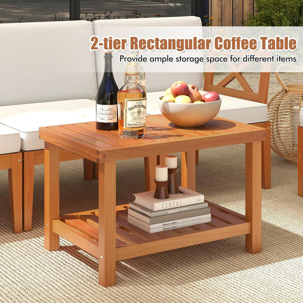 Tangkula 5 Pieces Acacia Wood Patio Furniture Set, Outdoor Sectional Conversation Set with Cushions and 2-Tier Coffee Table, Outdoor Bistro Furniture Set for Garden, Backyard and Poolside