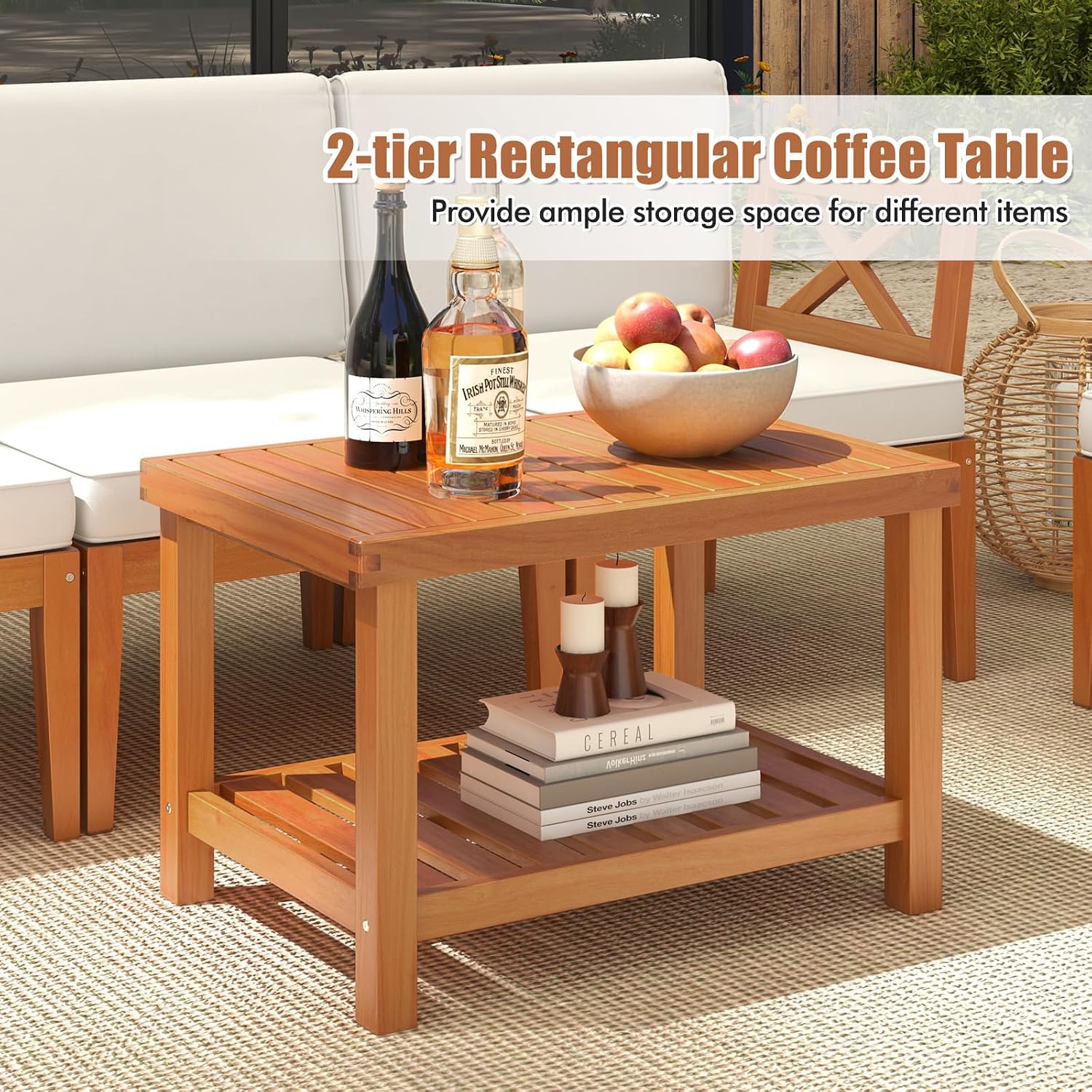 Tangkula 5 Pieces Acacia Wood Patio Furniture Set, Outdoor Sectional Conversation Set with Cushions and 2-Tier Coffee Table, Outdoor Bistro Furniture Set for Garden, Backyard and Poolside