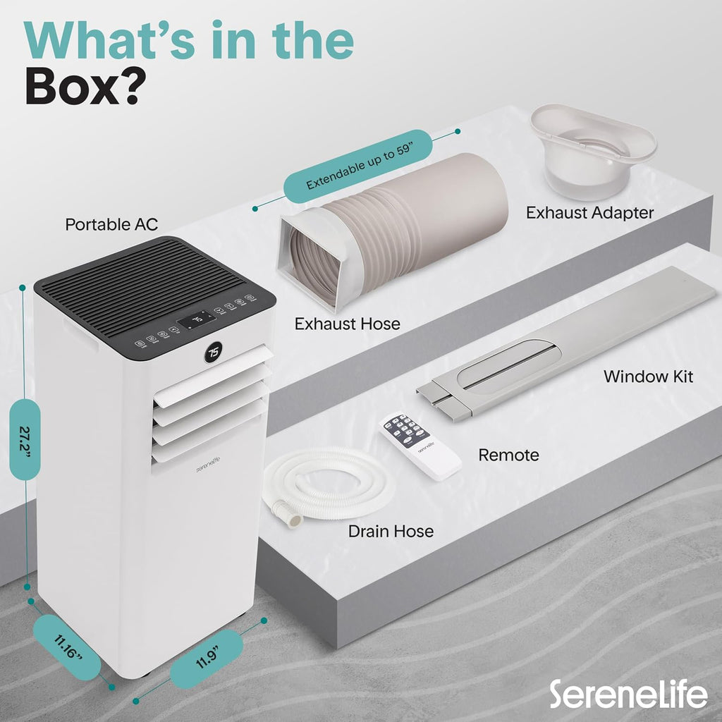 SereneLife 10,000 BTU Portable Air Conditioner, 3-in-1 AC with Cooling, Dehumidifier and Fan, Energy Efficient Mini AC Unit with 450 Sq. Ft. Coverage, Includes Window Mount Kit, (Gray)