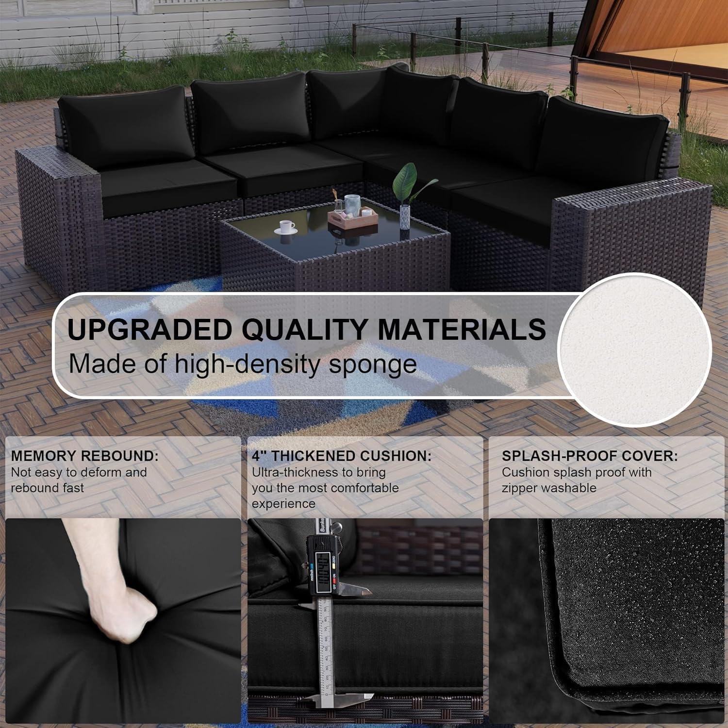 Kullavik Outdoor Patio Furniture Set,12 Pieces Sectional Rattan Sofa Set Brown PE Rattan Wicker Patio Conversation Set with 10 Seat Cushions and 2 Tempered Glass Coffee Table,Black
