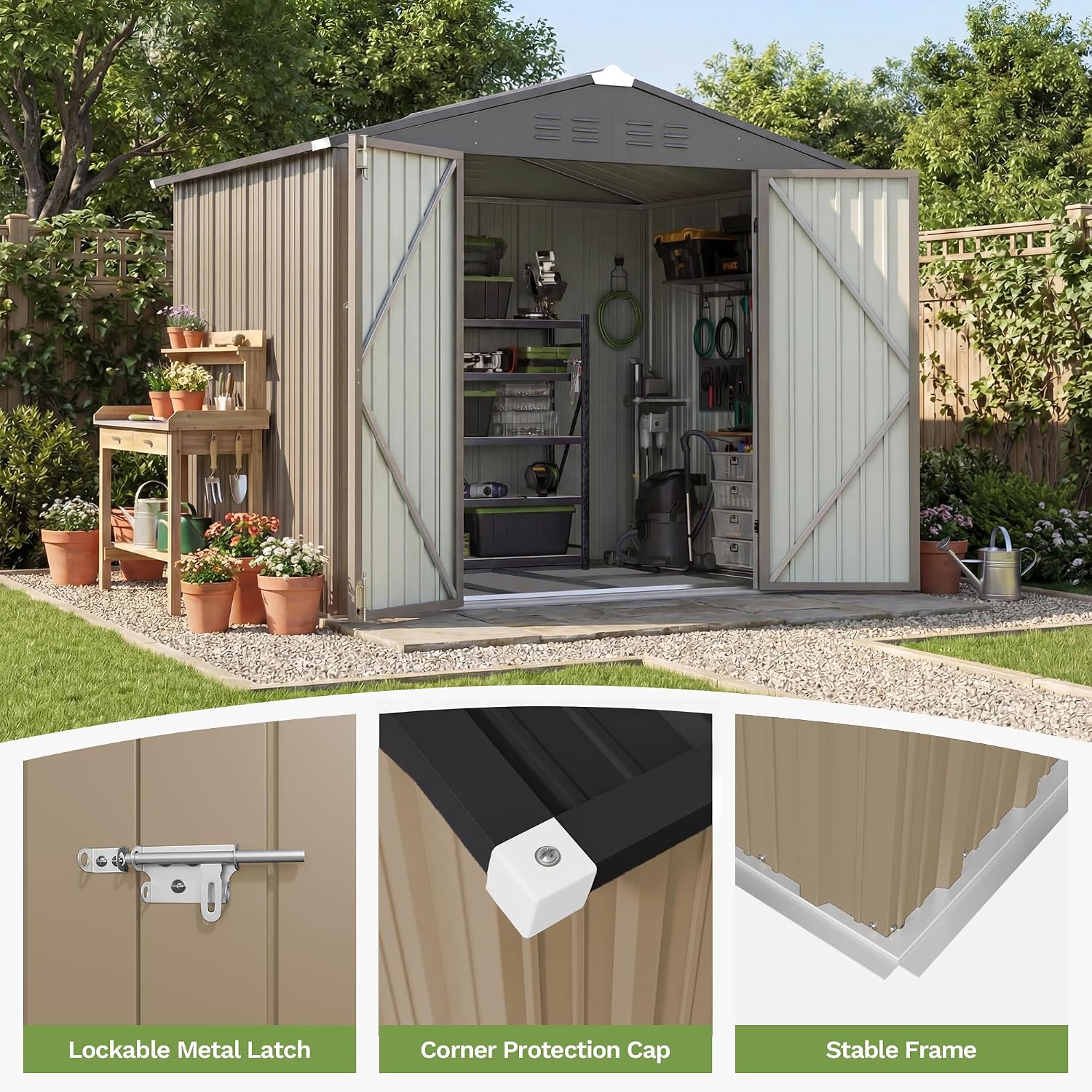 Patiowell 8x6 FT Outdoor Storage Shed with Floor Frame, Metal Garden Patio Sheds with Sloping Roof and Lockable Door, Waterproof Steel Tool Shed for Backyard Garden Lawn, Brown